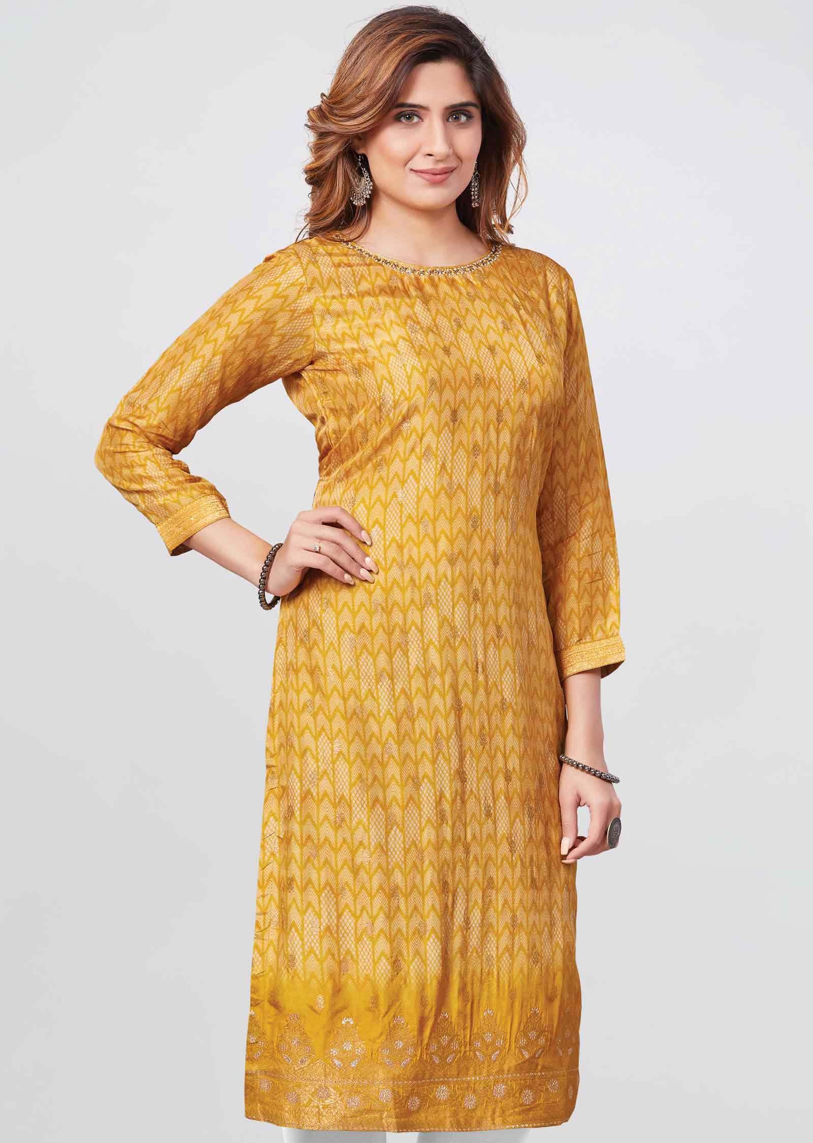Yellow Banaras Printed Straight Cut Kurti