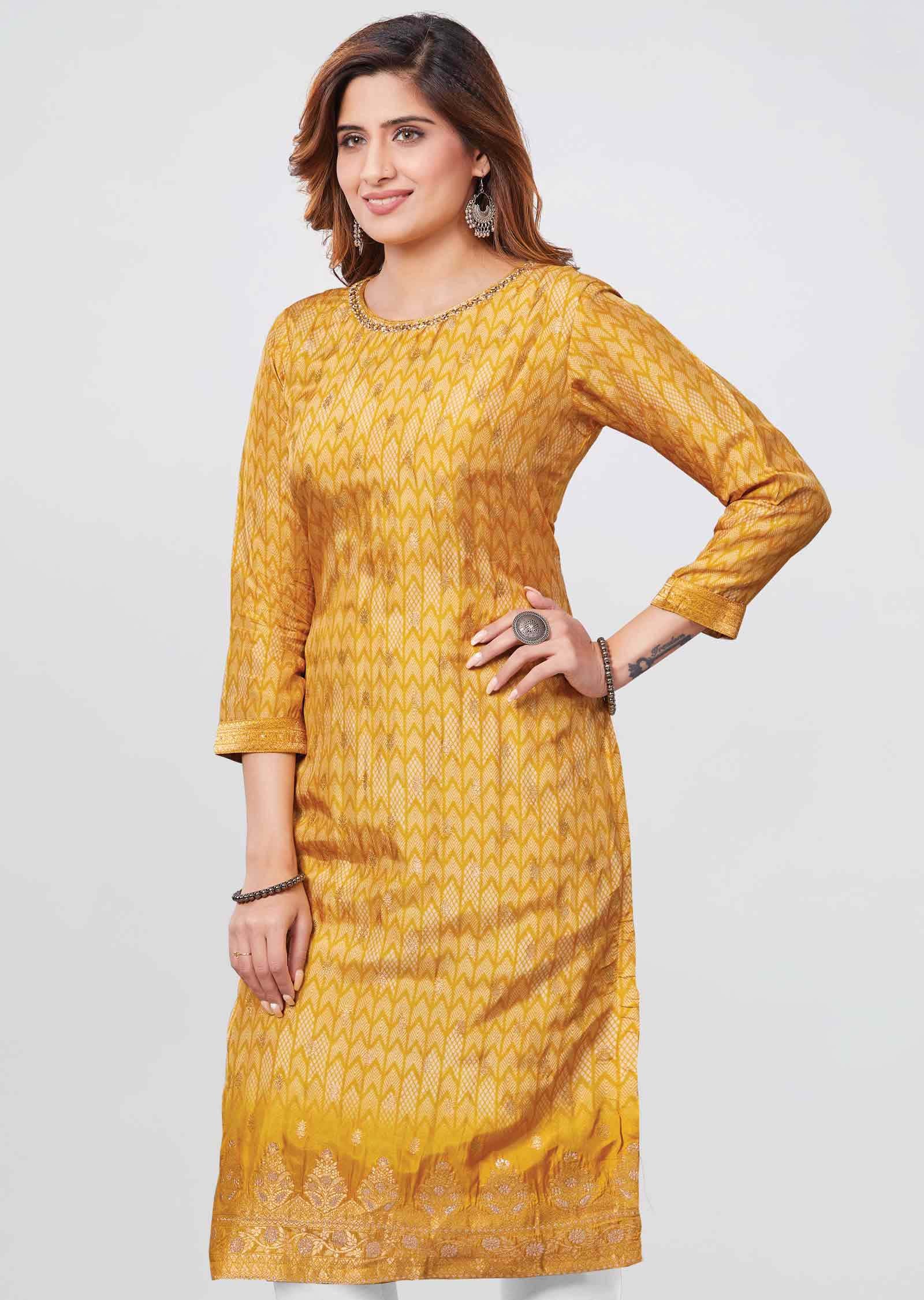 Yellow Banaras Printed Straight Cut Kurti