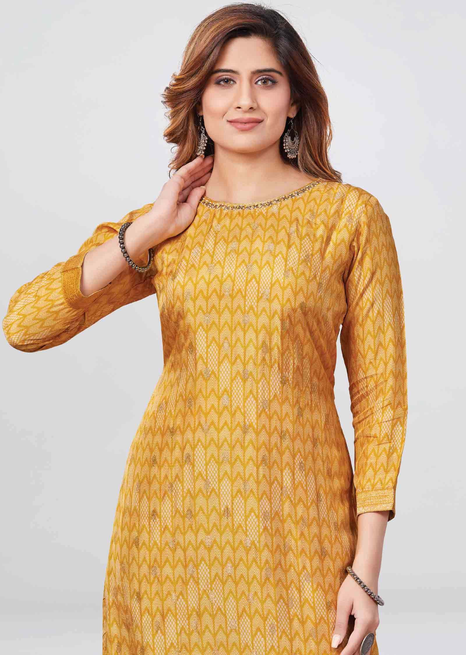 Yellow Banaras Printed Straight Cut Kurti