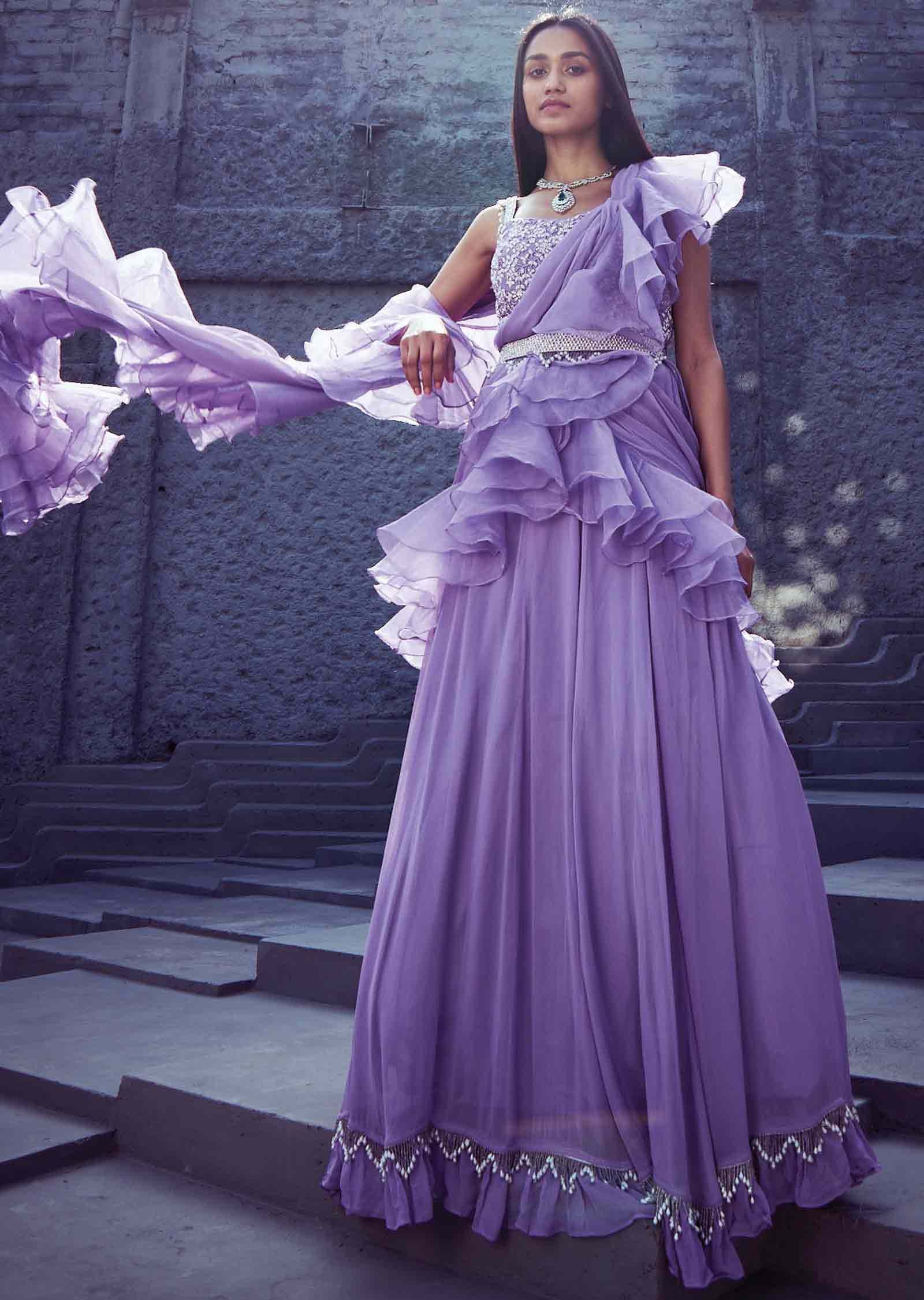 Lavender Net/Georgette Embroidered lehenga