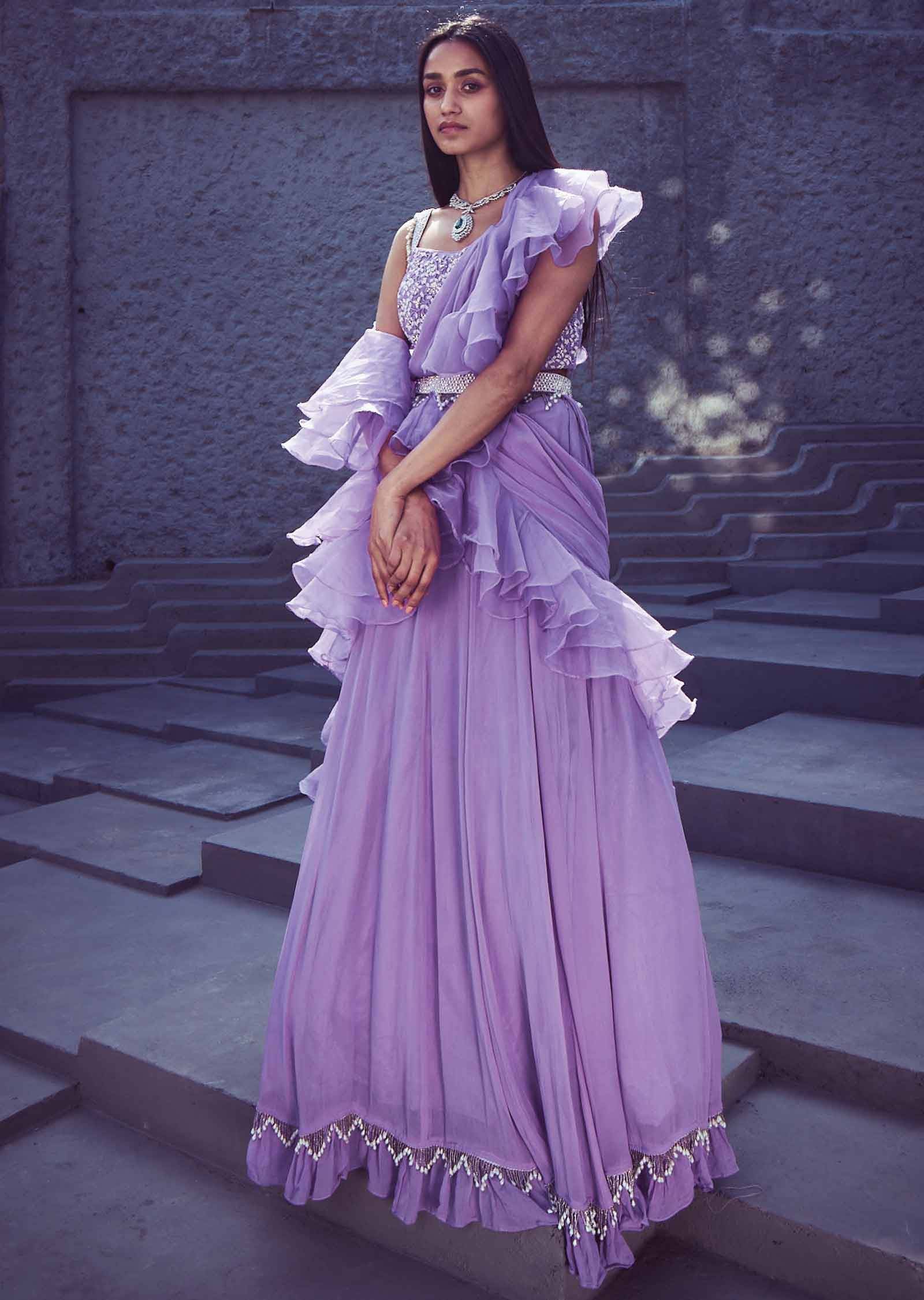 Lavender Net/Georgette Embroidered lehenga