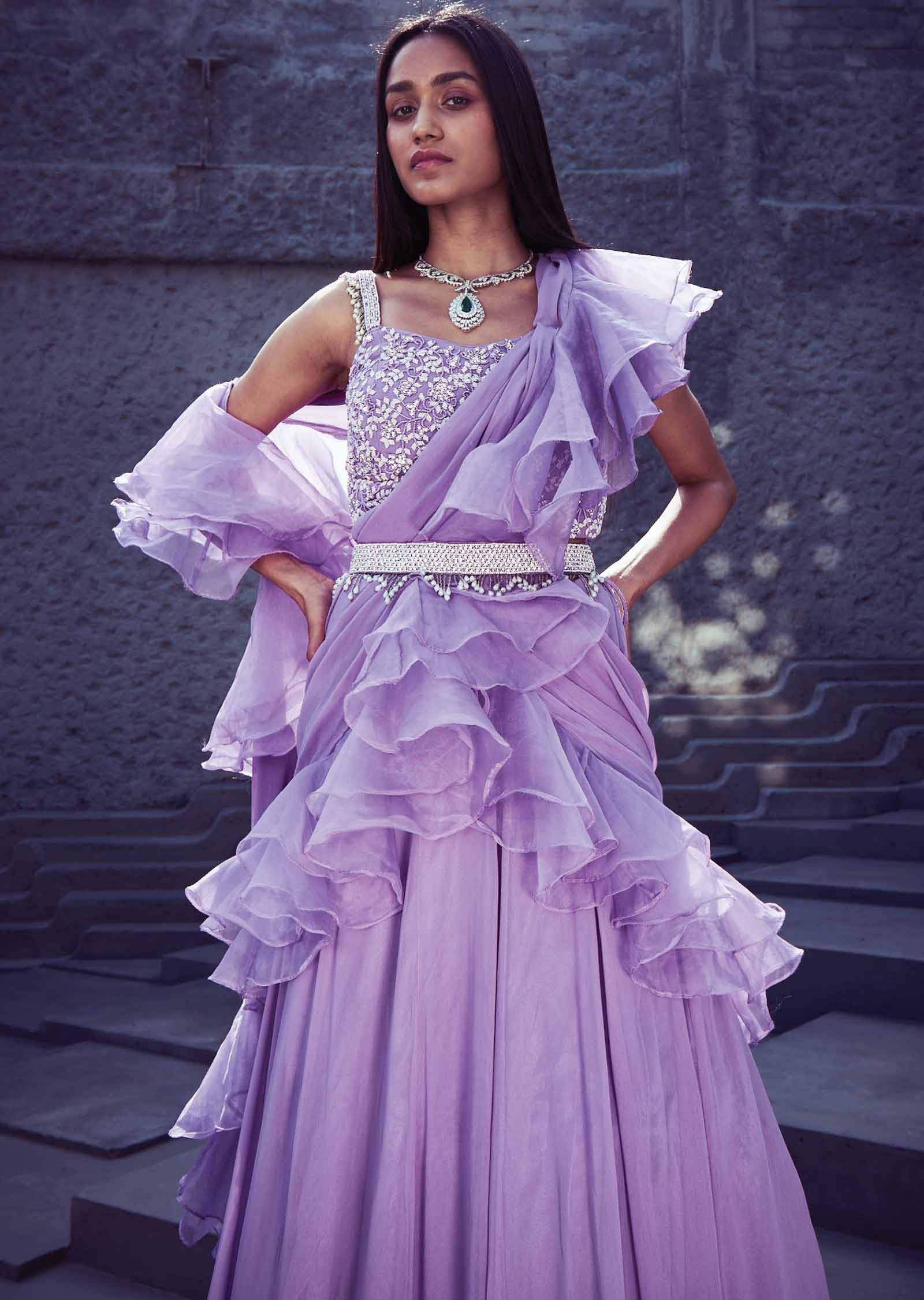 Lavender Net/Georgette Embroidered lehenga