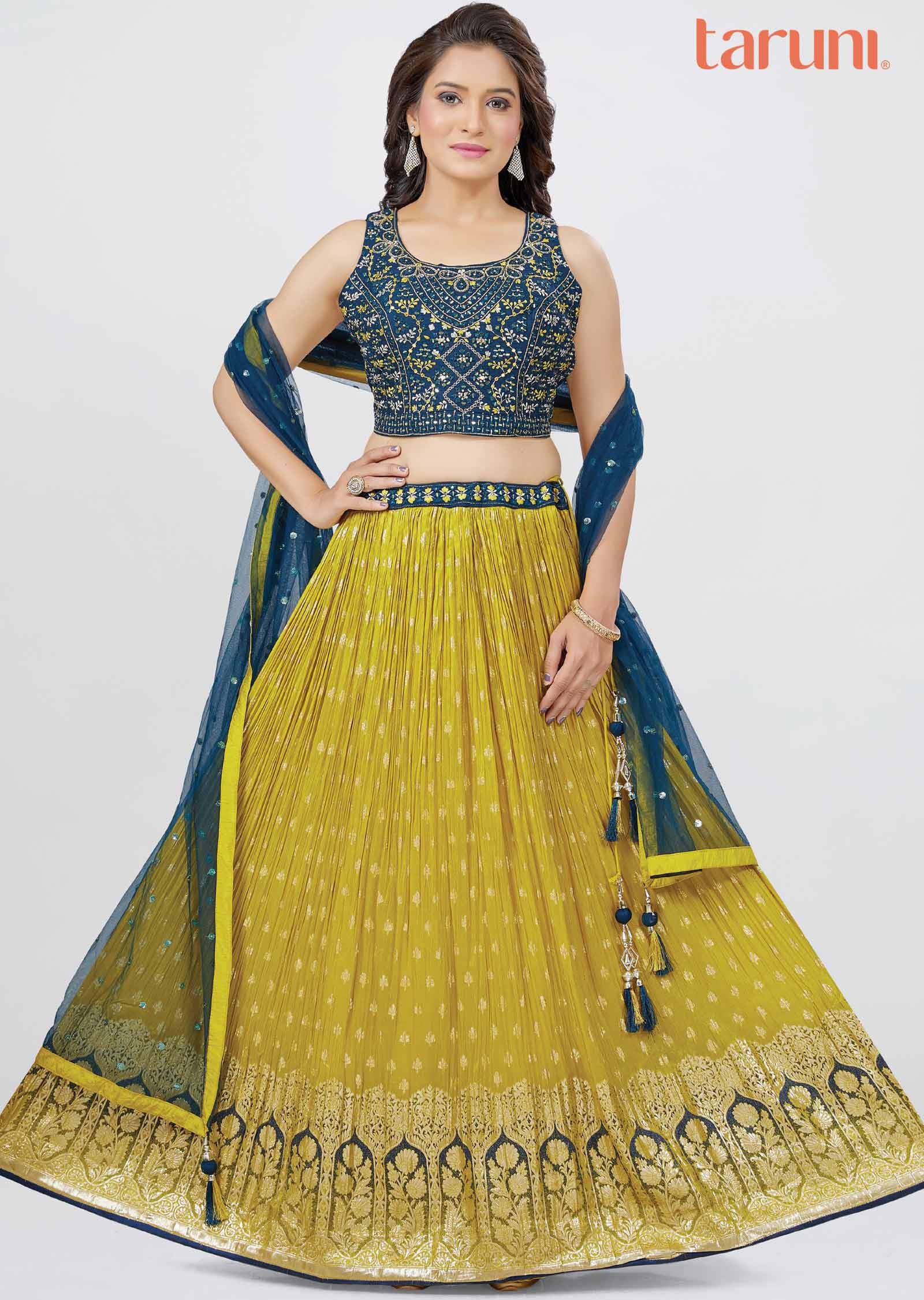 Teal Blue Silk Mirror work lehenga - Main Image
