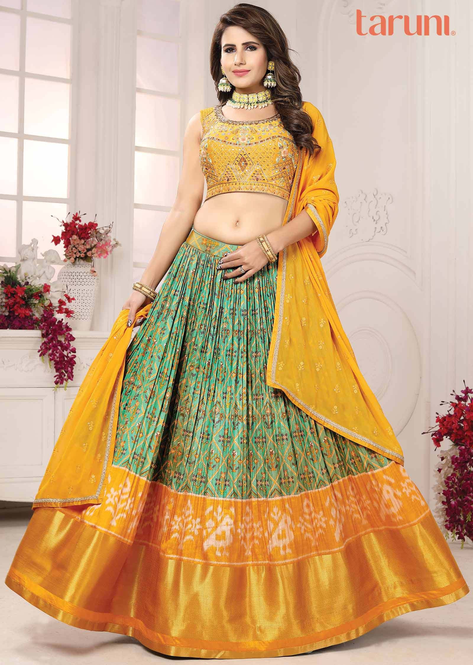 Yellow Dusty Green Silk Zardosi Embroidered lehenga