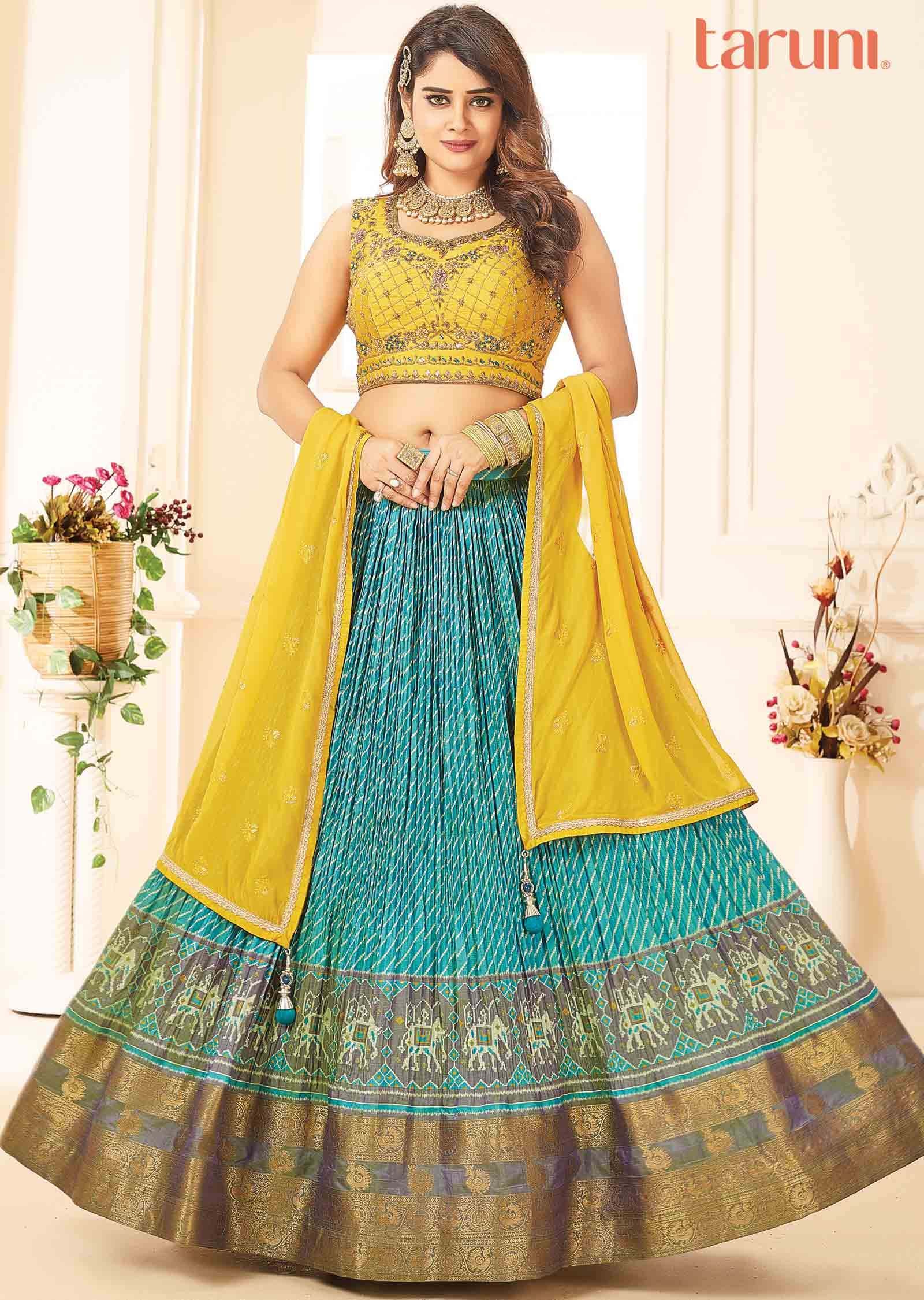 Mustard Contrast Sea Green Silk Zardosi Embroidered lehenga