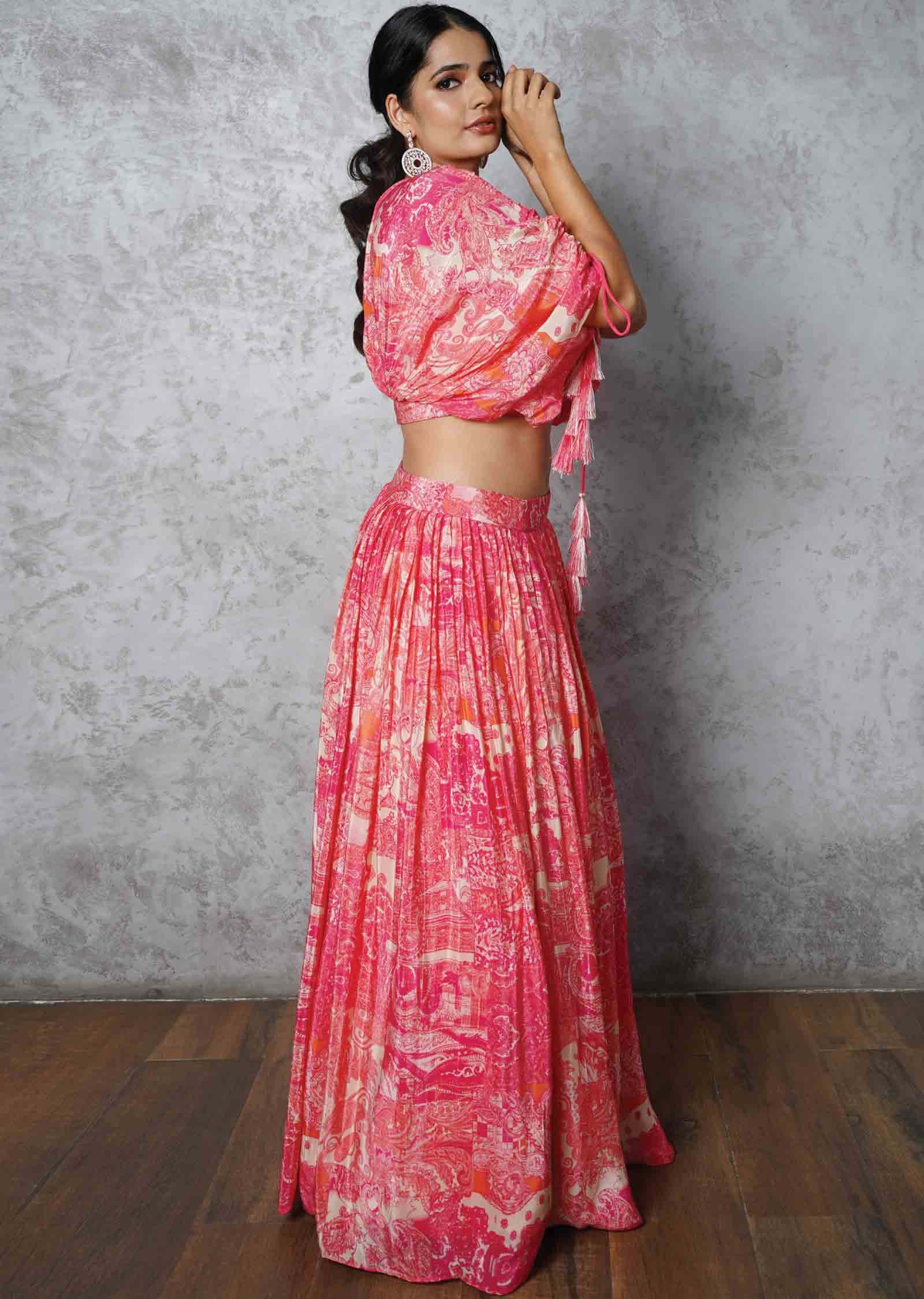 Beige & Pink Crepe Printed Crop Top