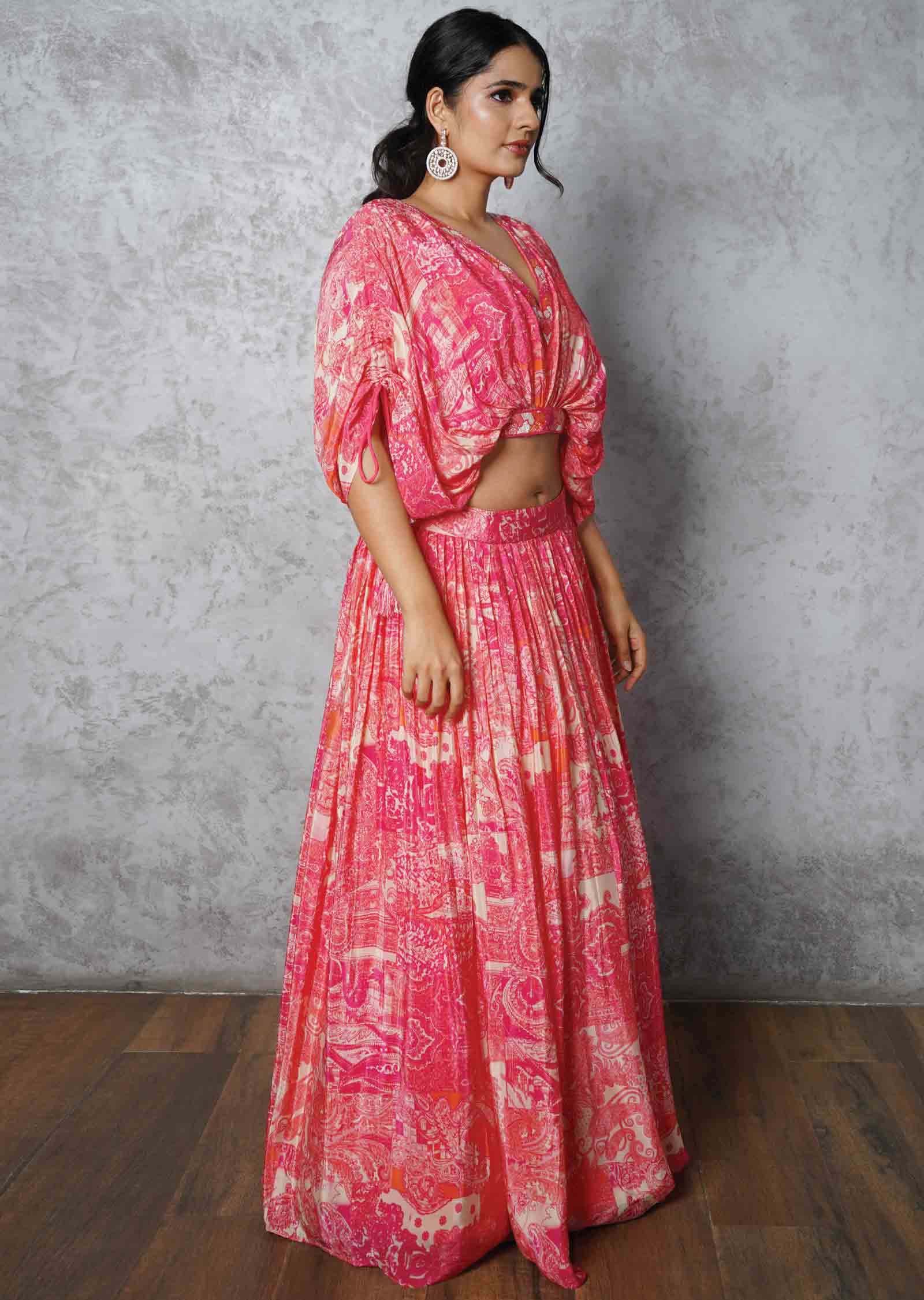 Beige & Pink Crepe Printed Crop Top