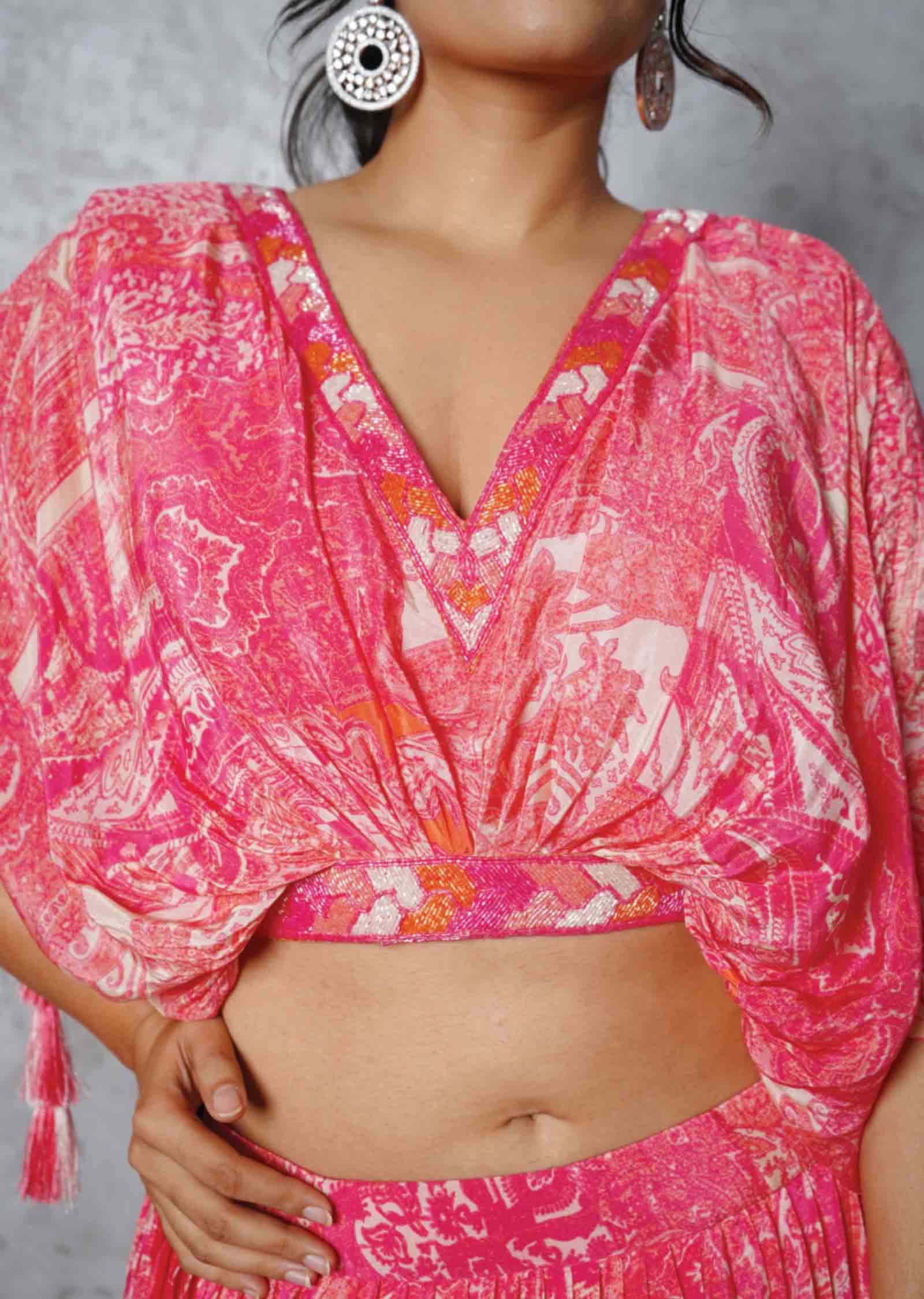 Beige & Pink Crepe Printed Crop Top