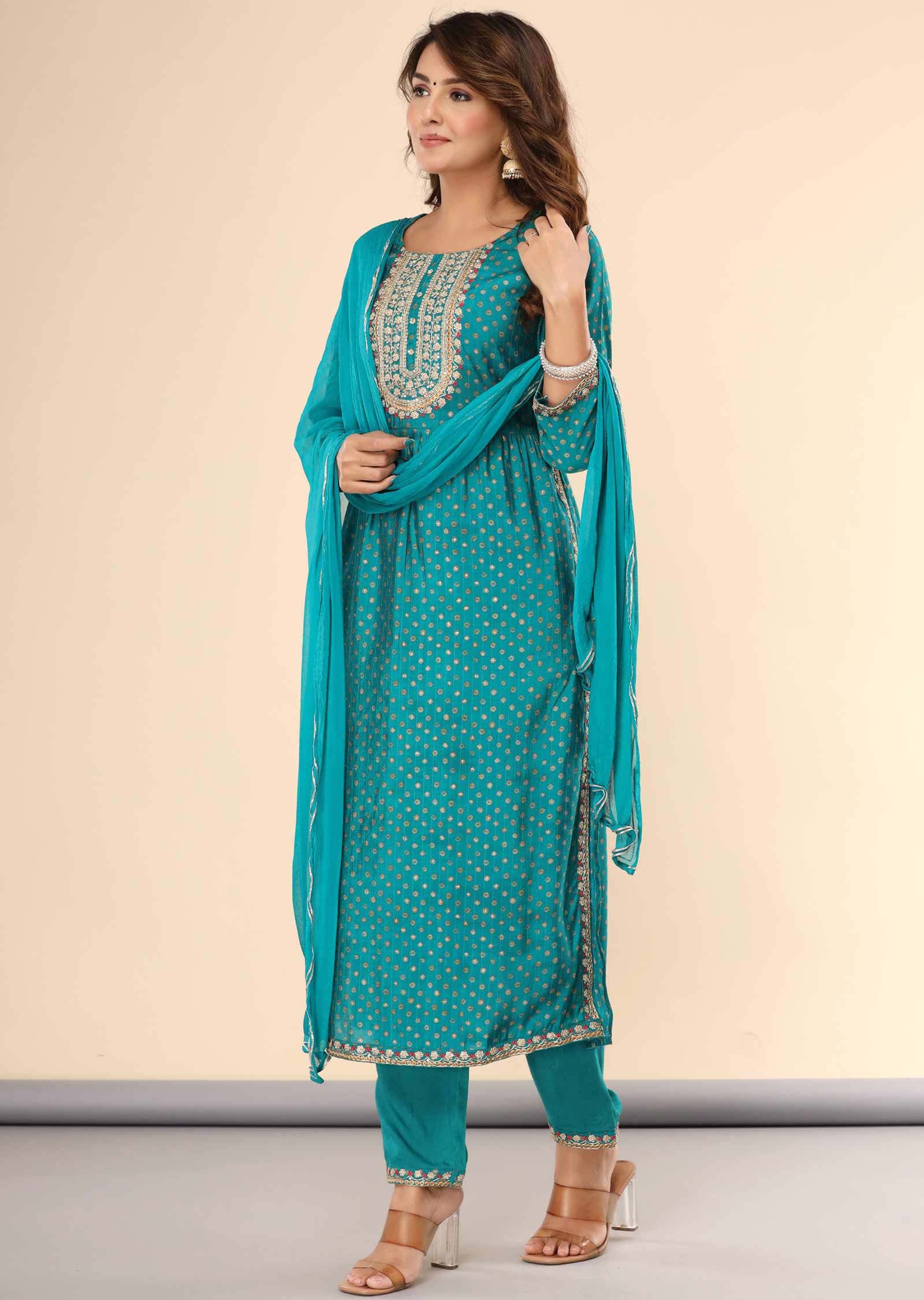 Rama Green Modal Sequins Straight cut suits