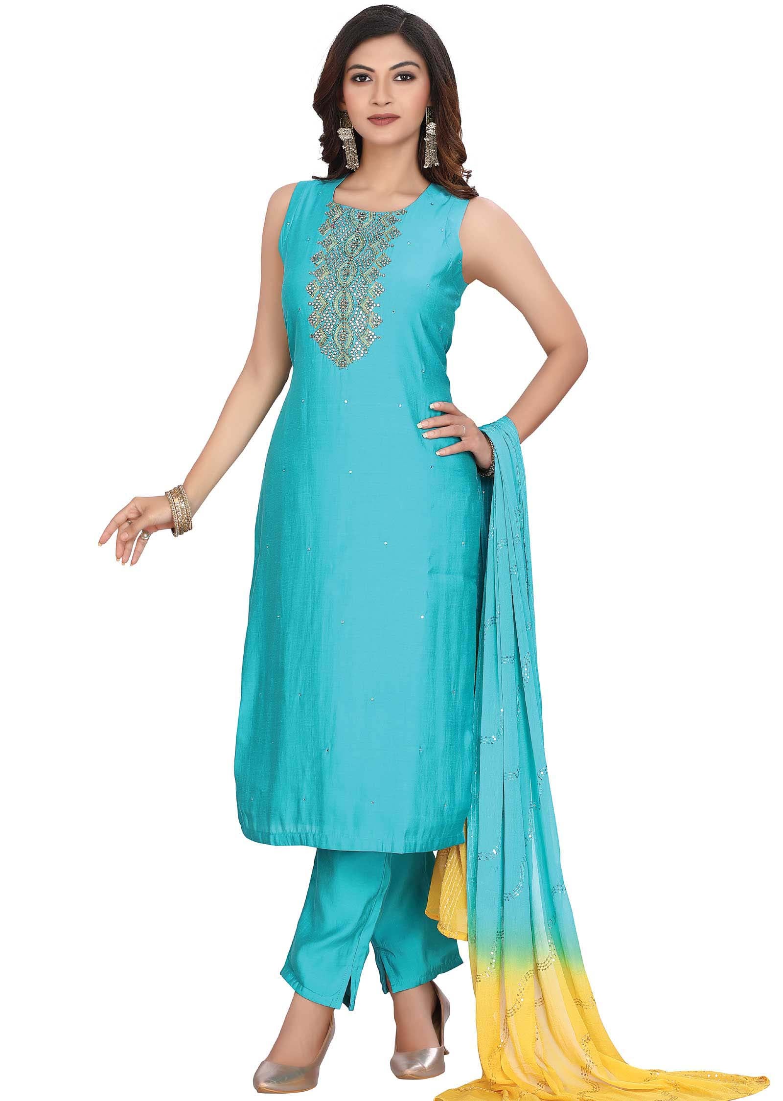 Rama Blue Soft Silk Zardosi & Embroidered Straight cut suits