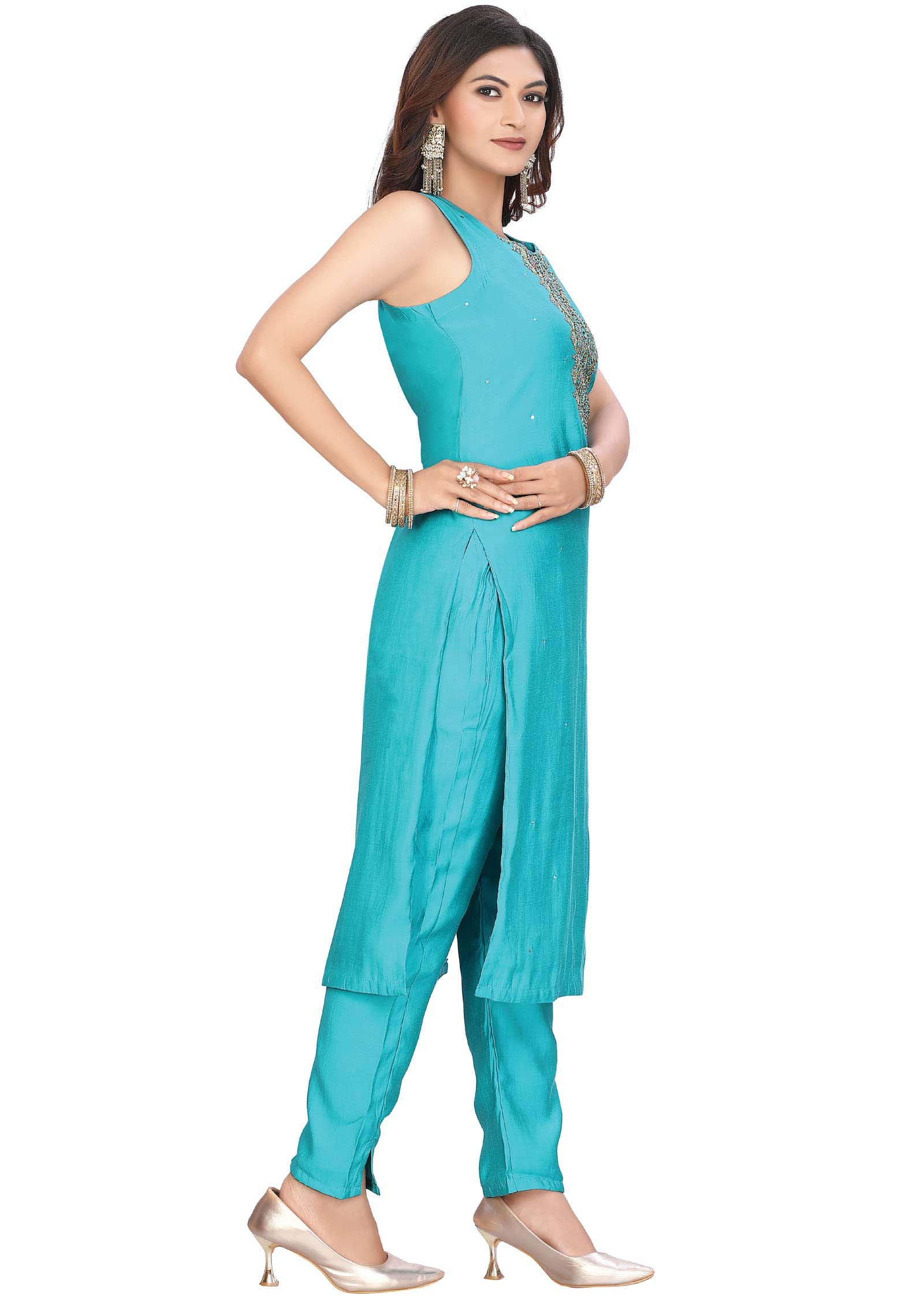Rama Blue Soft Silk Zardosi & Embroidered Straight cut suits