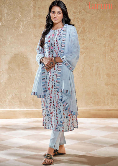 Light Blue Linen Cotton Printed Straight cut suits