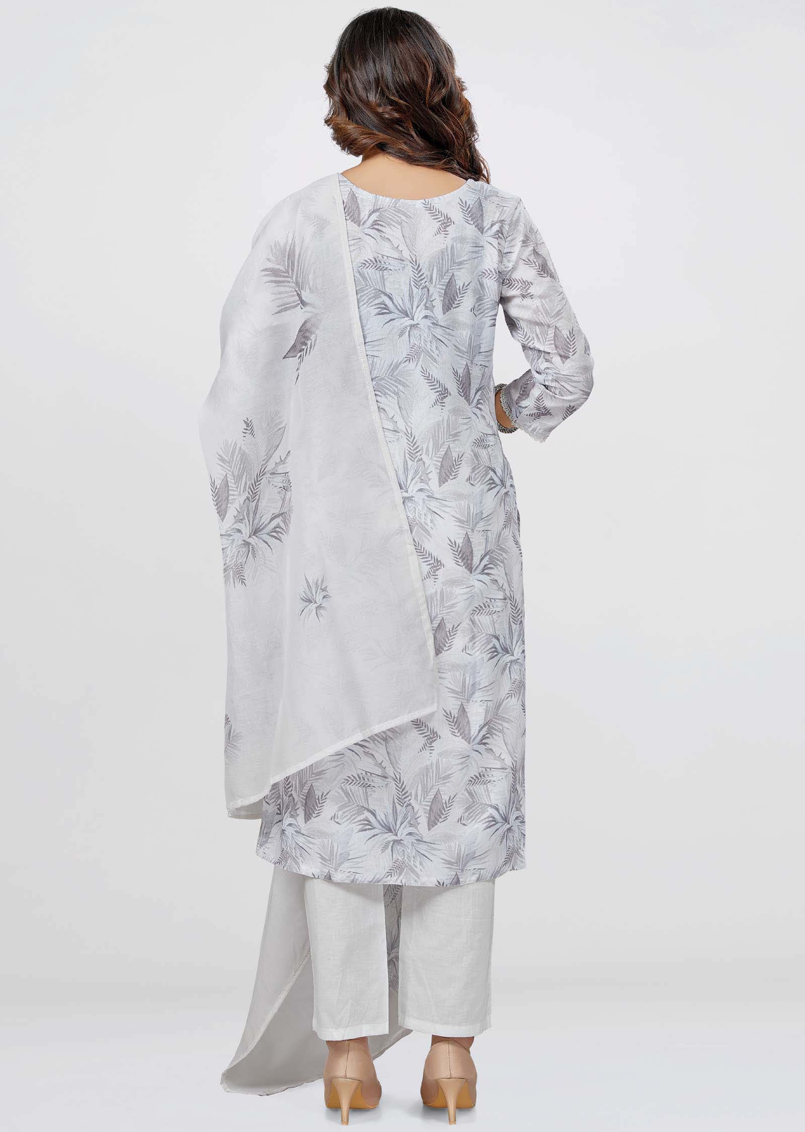 Light Grey Linen Cotton Printed Straight cut suits