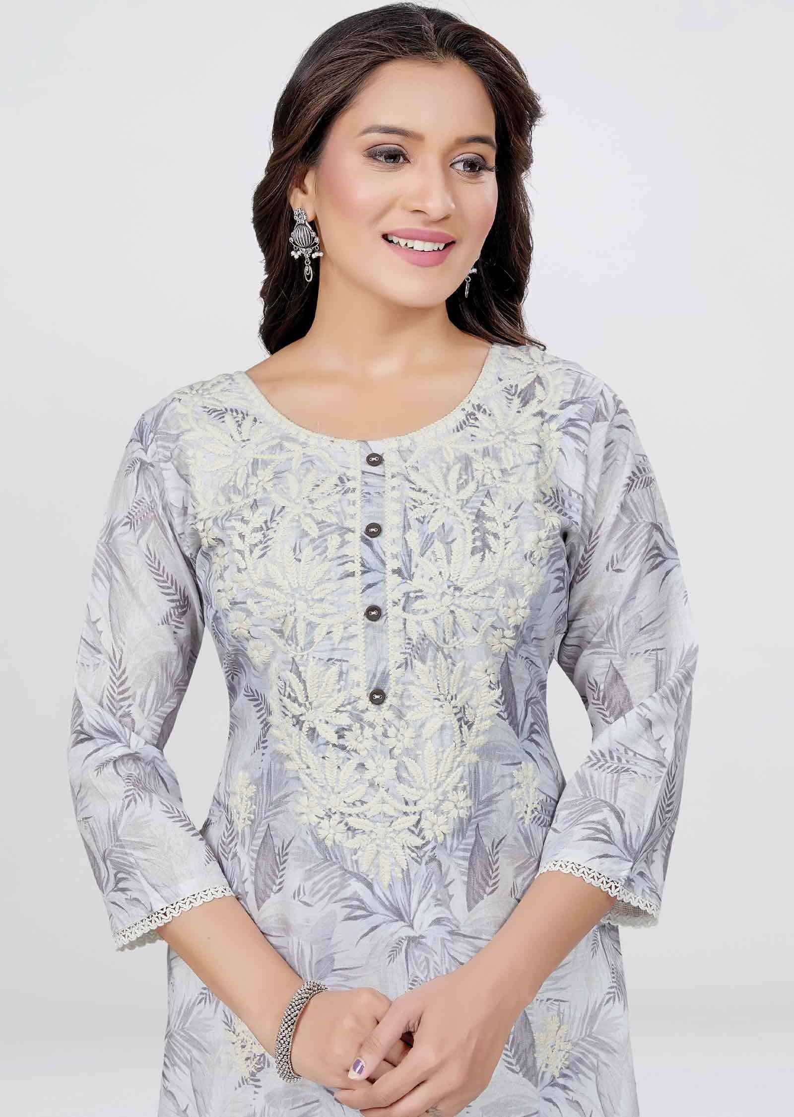 Light Grey Linen Cotton Printed Straight cut suits