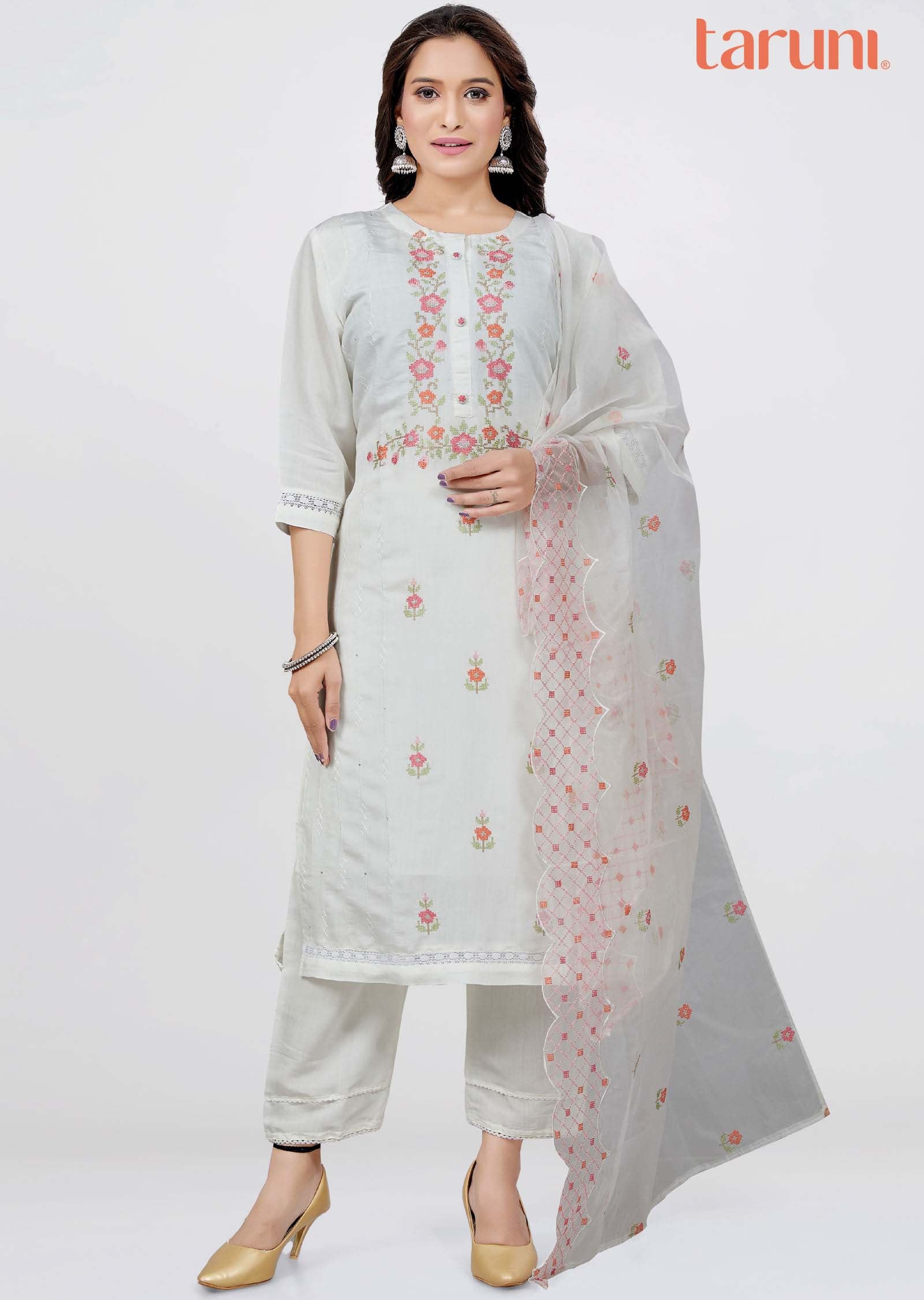 Off White Chanderi Straight cut suits