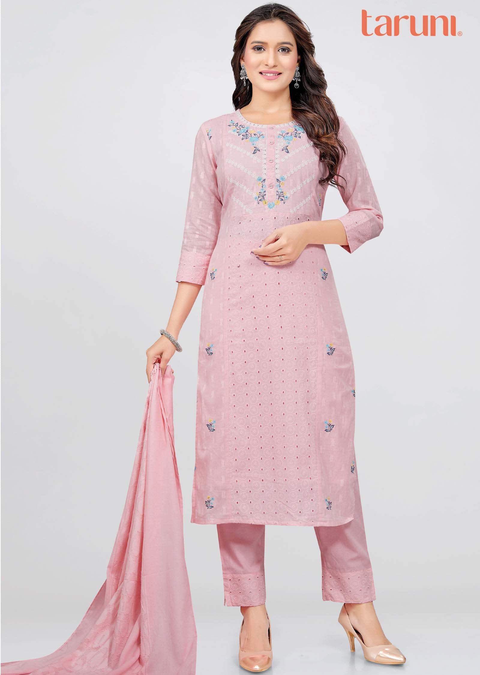 Pink Chanderi Cotton Printed Straight Cut Suit