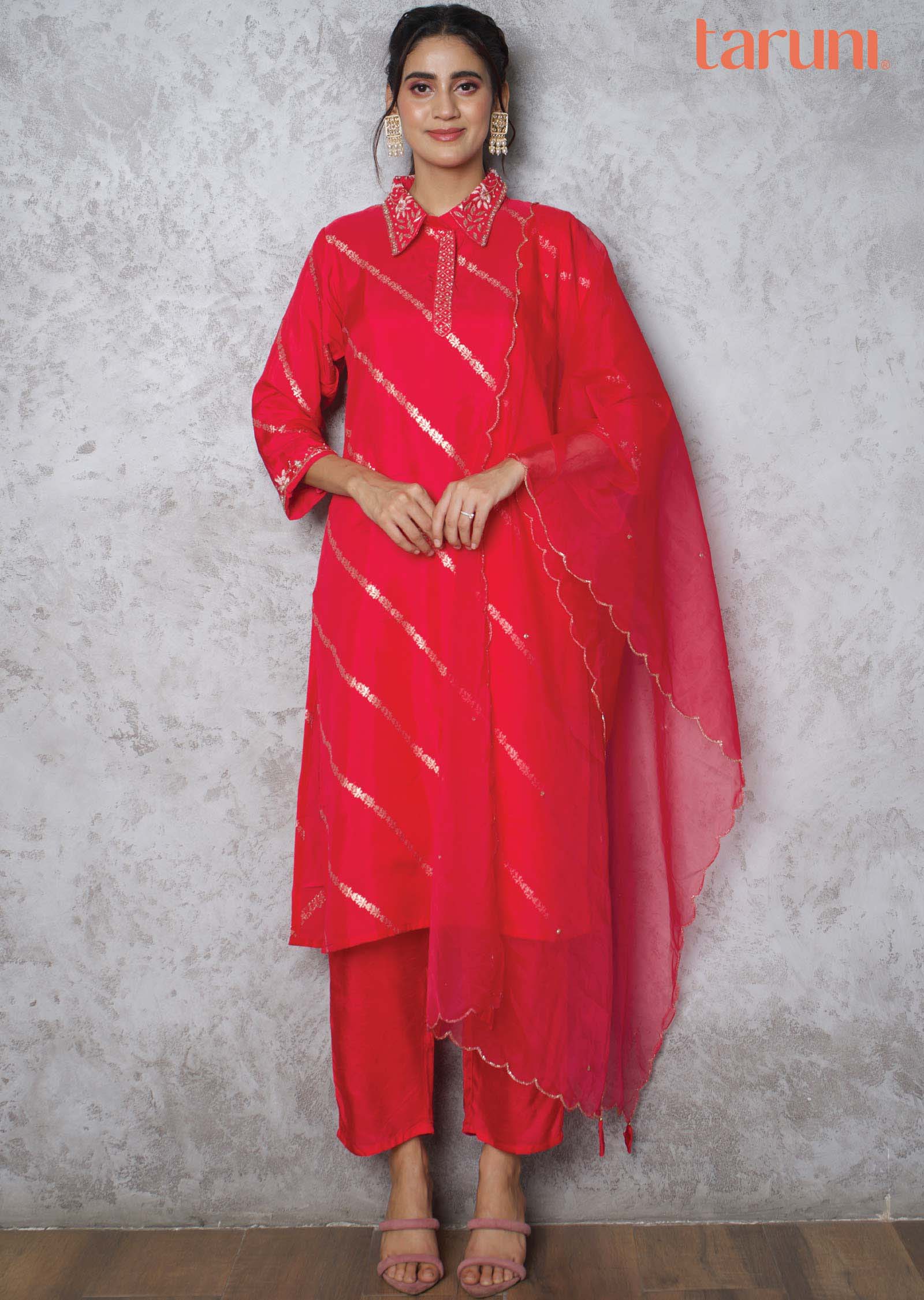 Rani Pink Banaras Zardosi & Embroidered Straight cut suits