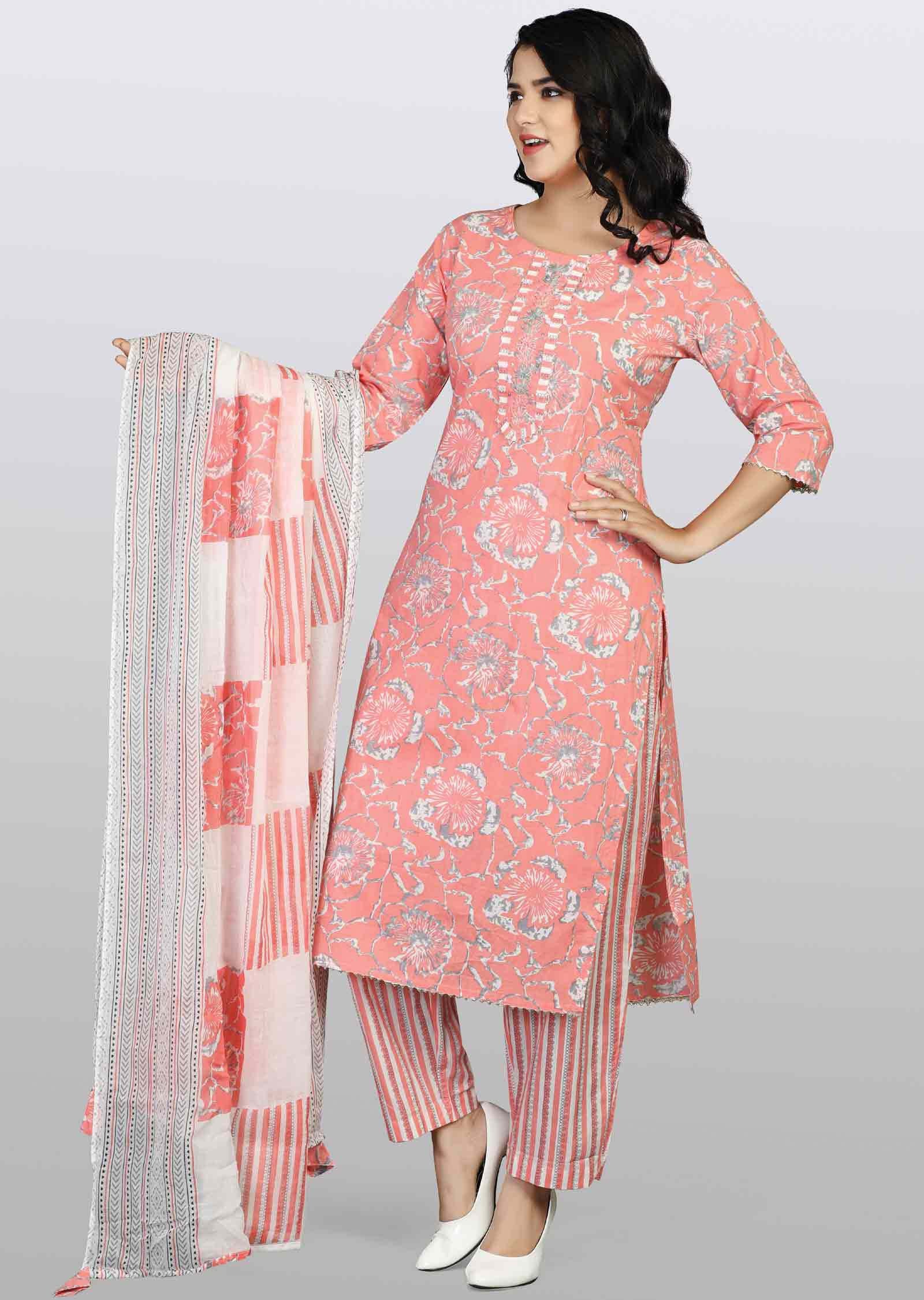 Pink Cotton Printed Straight cut suits