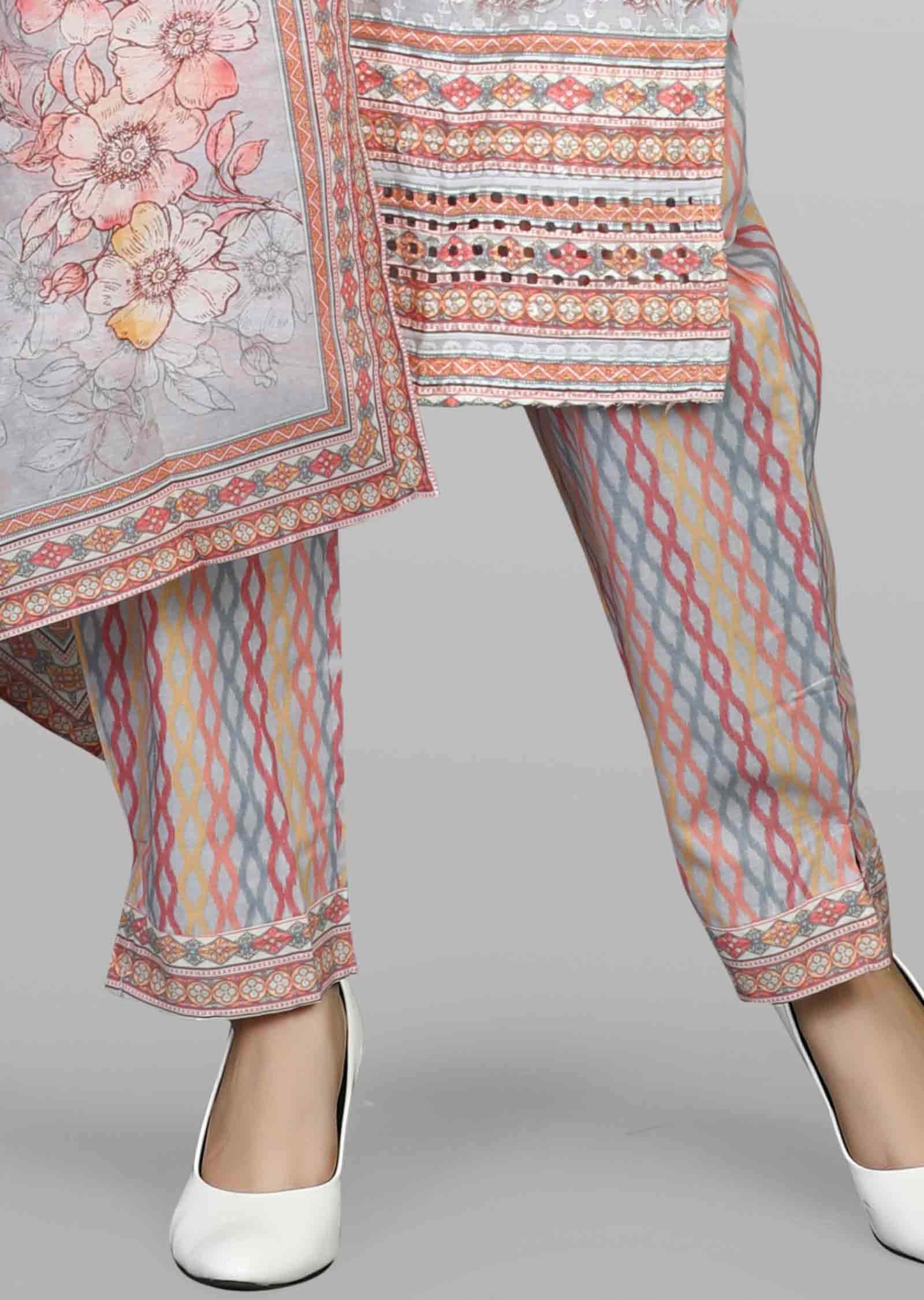 Light Grey Schiffli cotton Printed Straight cut suits