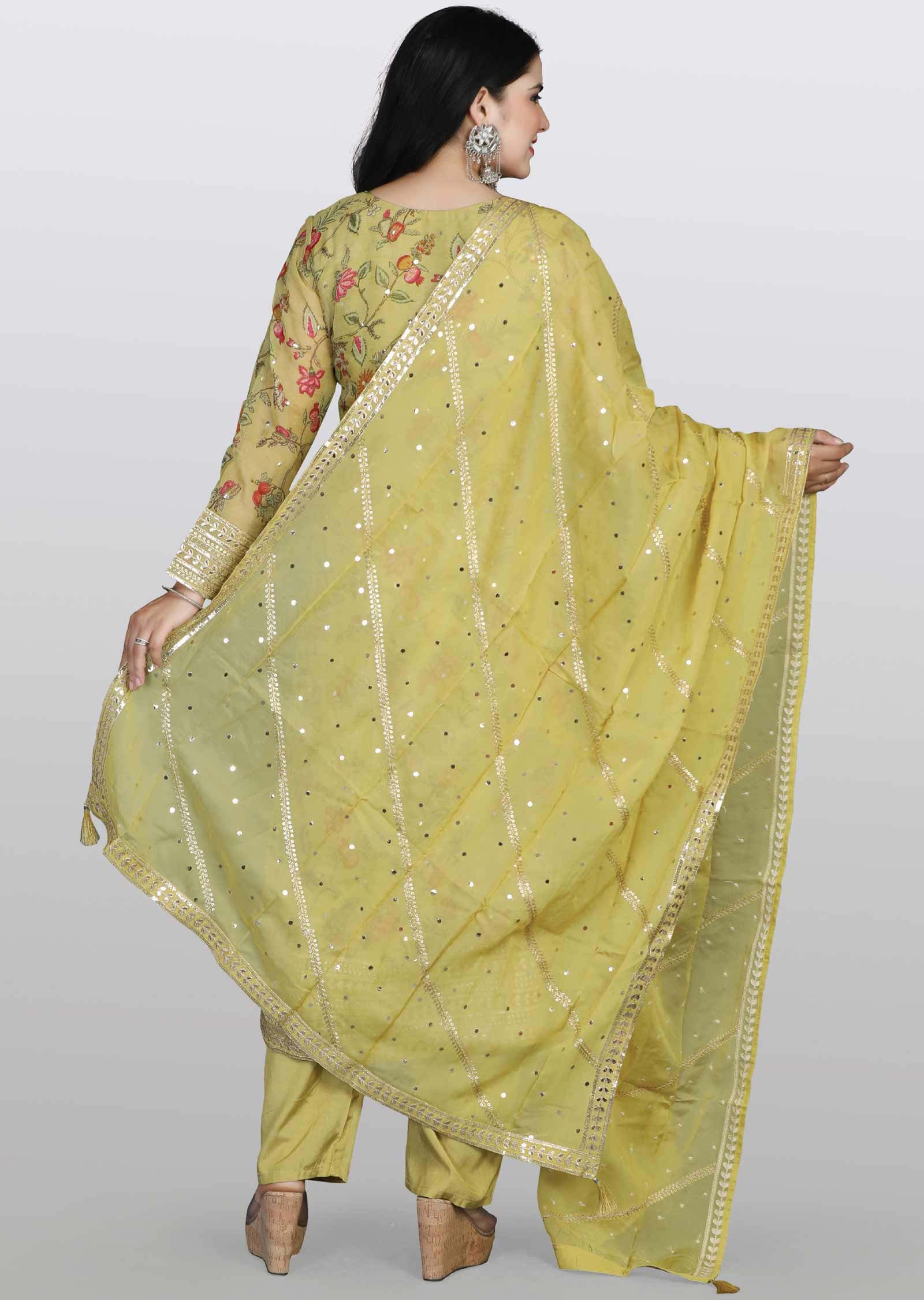 Light Mehandi Green Organza Sequins & Gota work Straight cut suits