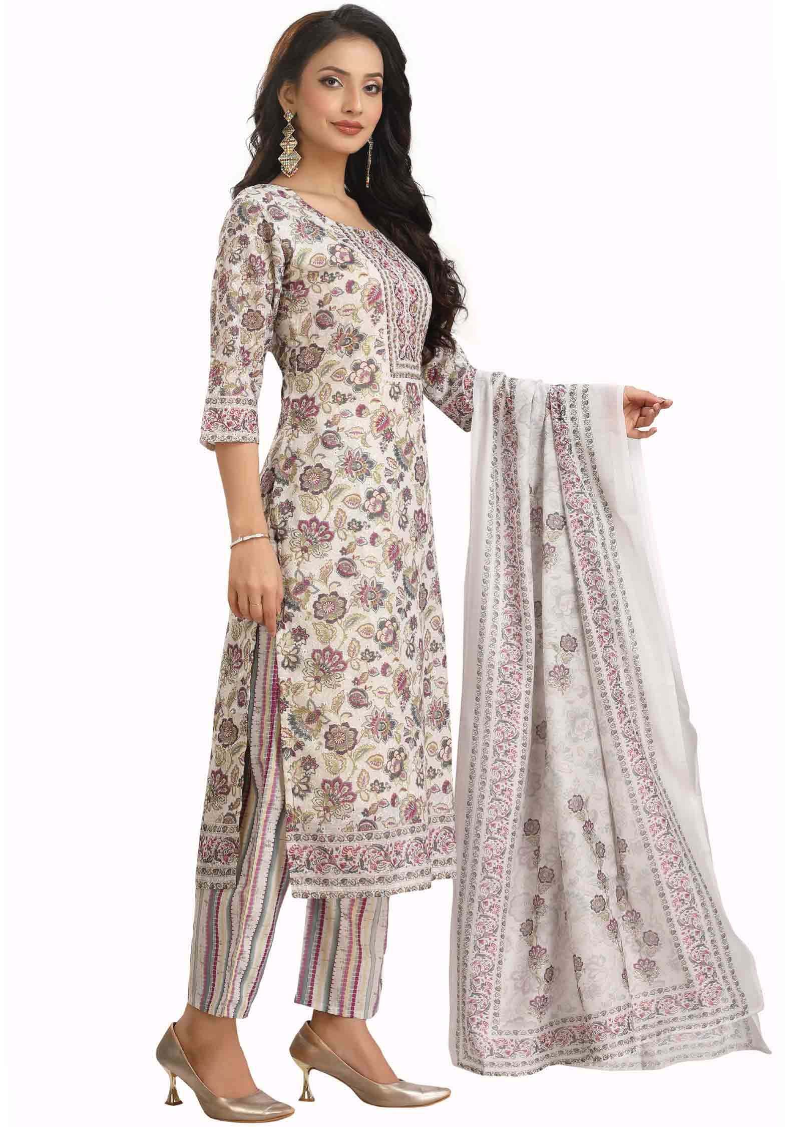 Cream Schiffli cotton Printed Straight cut suits