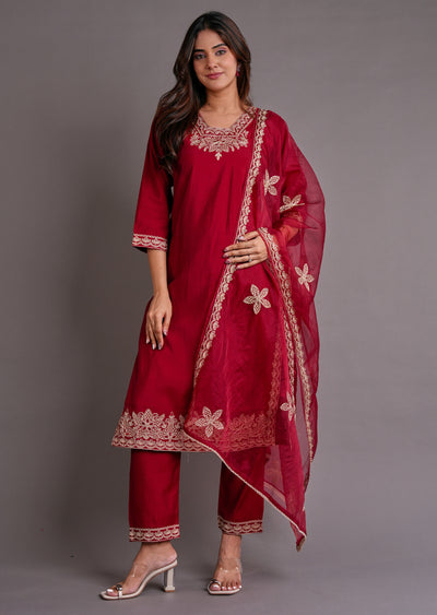 Maroon Silk Straight Cut Suit