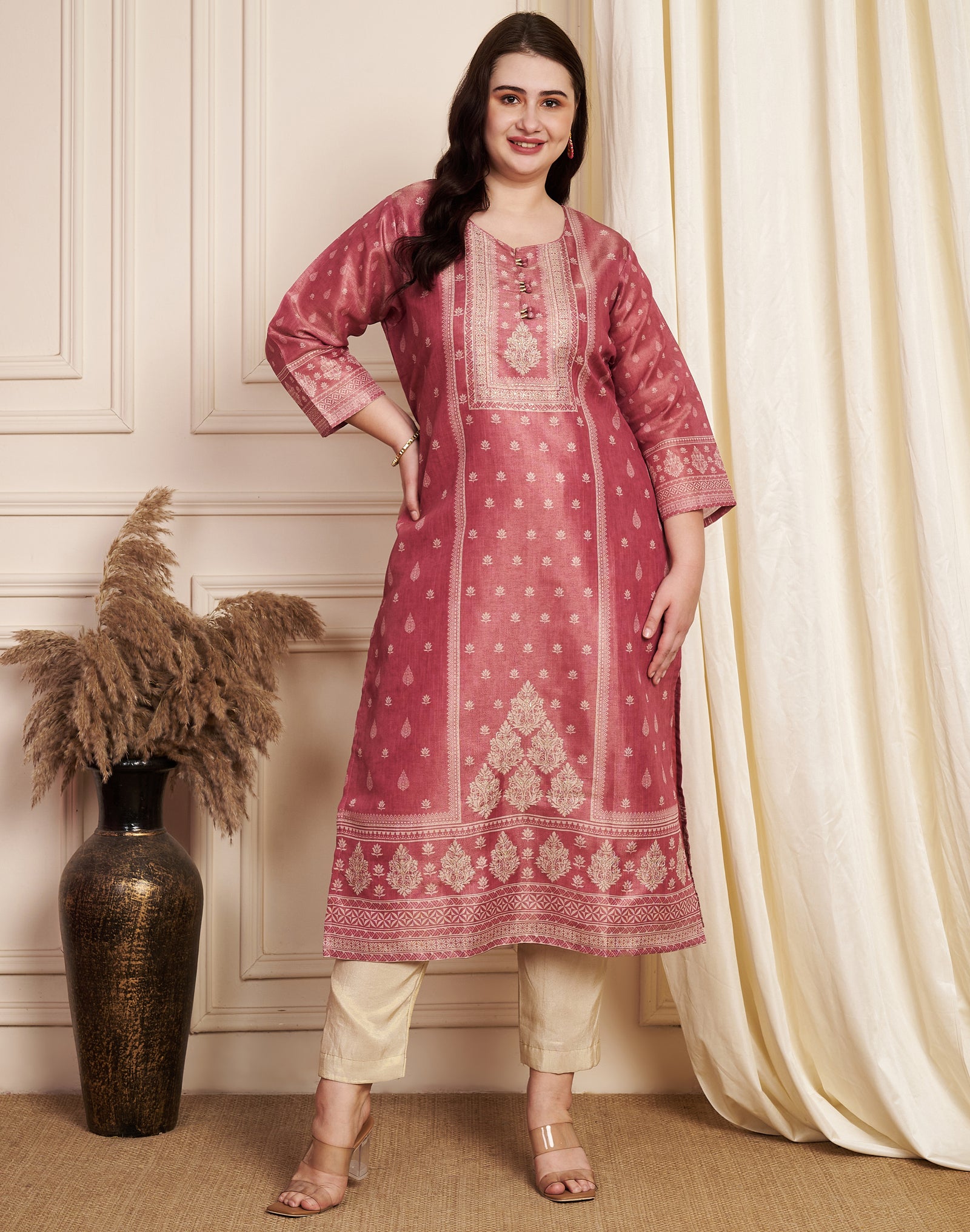 Pink Tissue Straight Cut Kurti