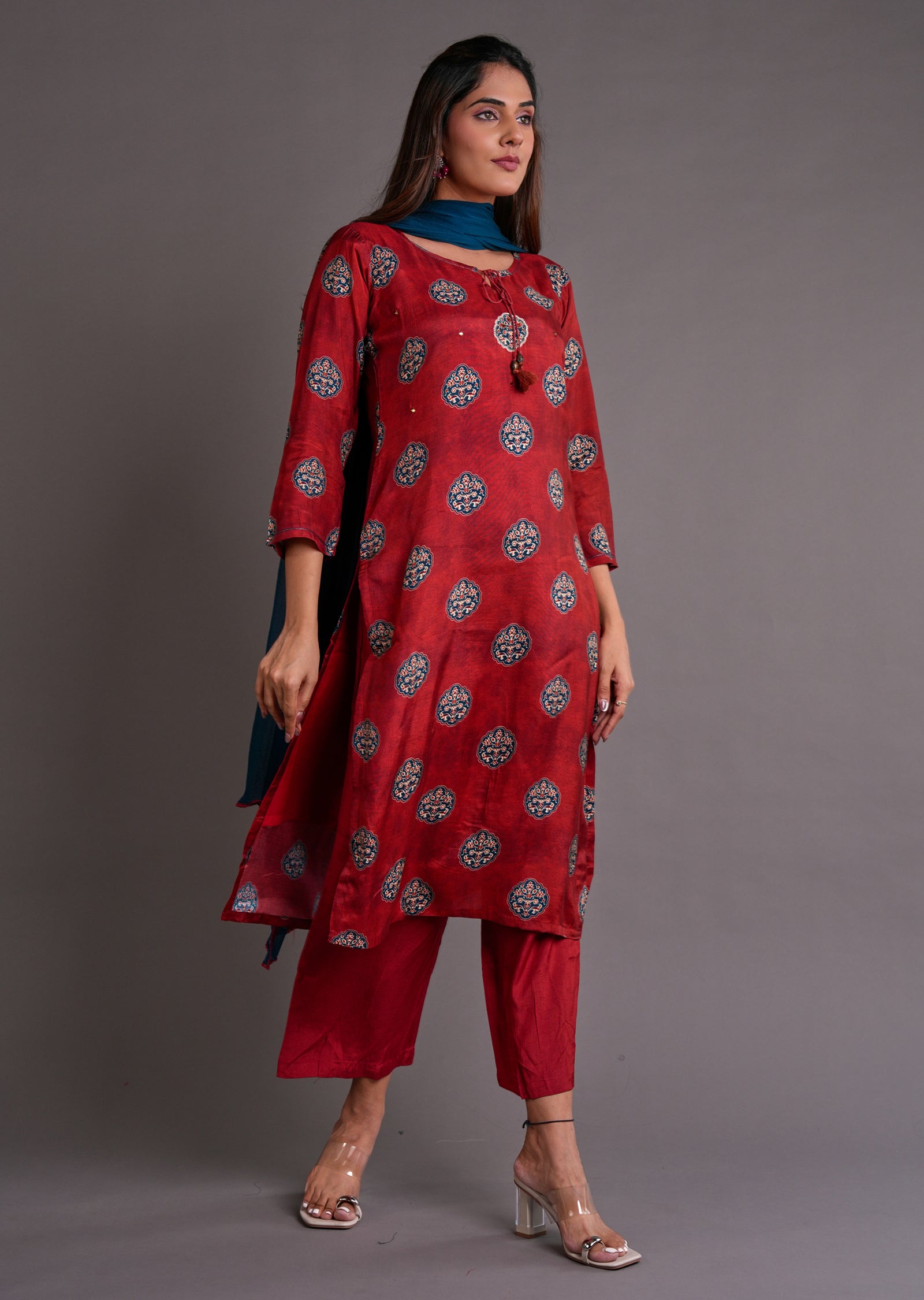 Maroon Muslin Straight Cut Suit