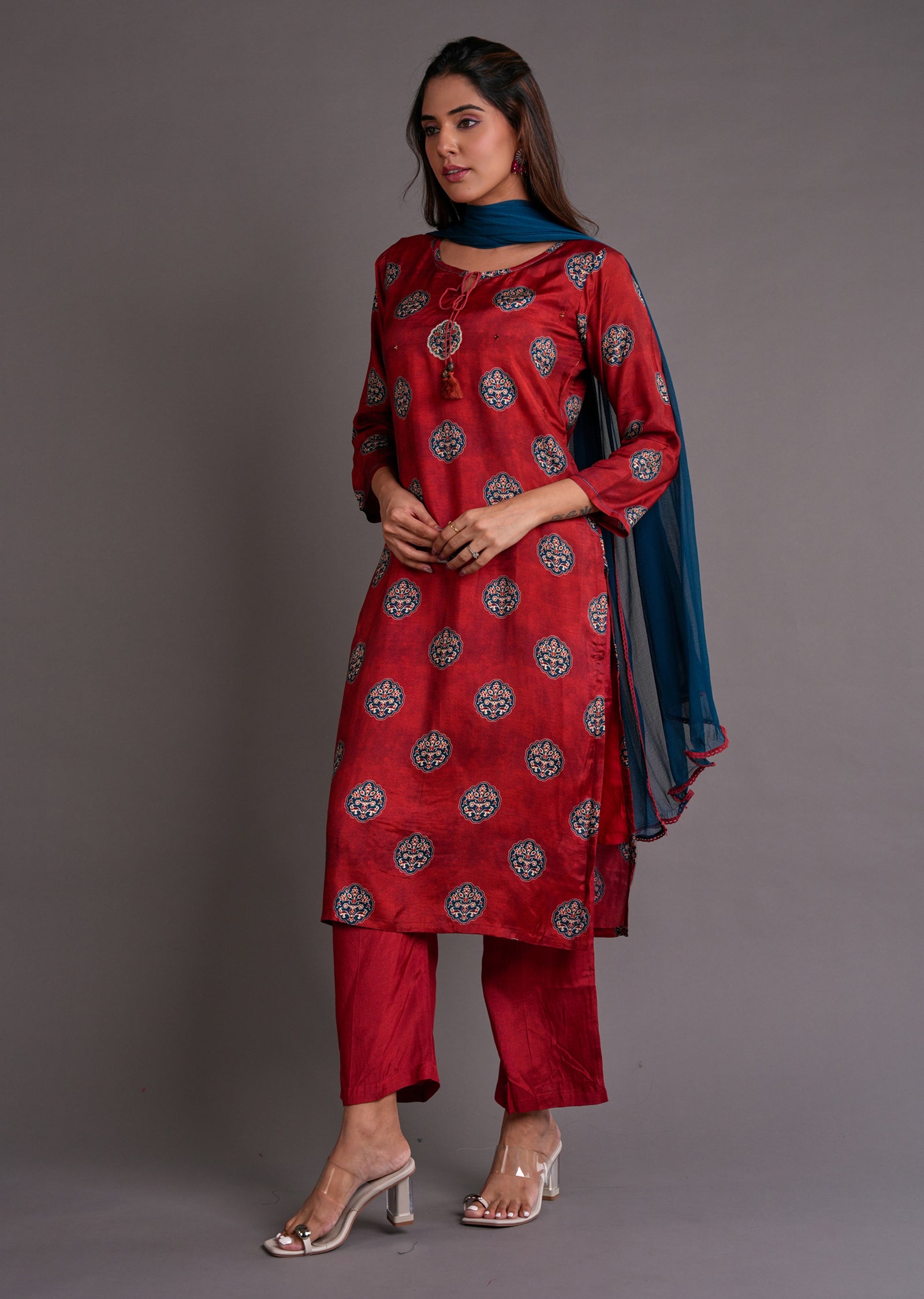Maroon Muslin Straight Cut Suit
