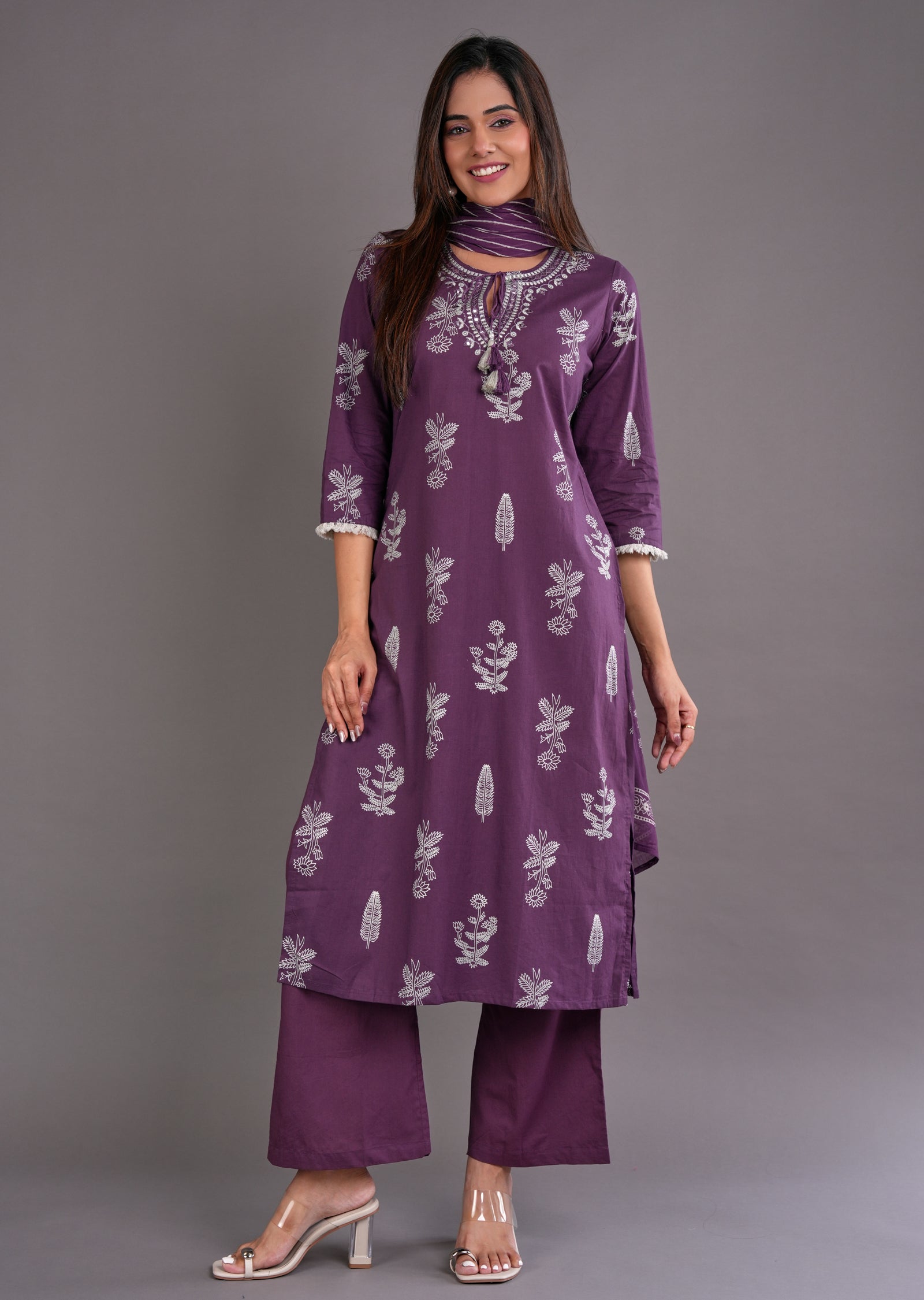 Purple Cotton Straight Cut Suit