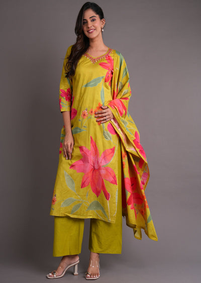 Lime Green Cotton Straight Cut Suit