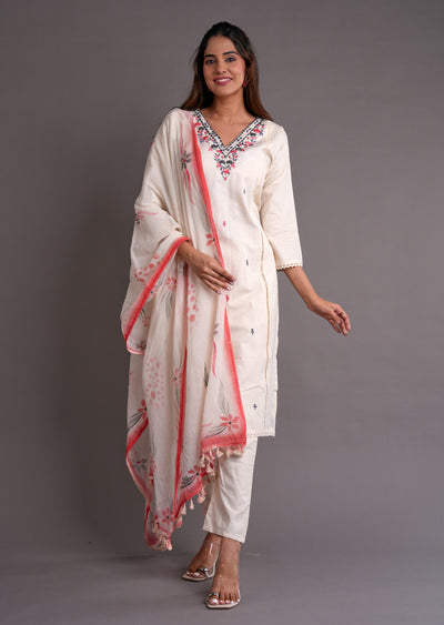 Off White & Coral Cotton Straight Cut Suit