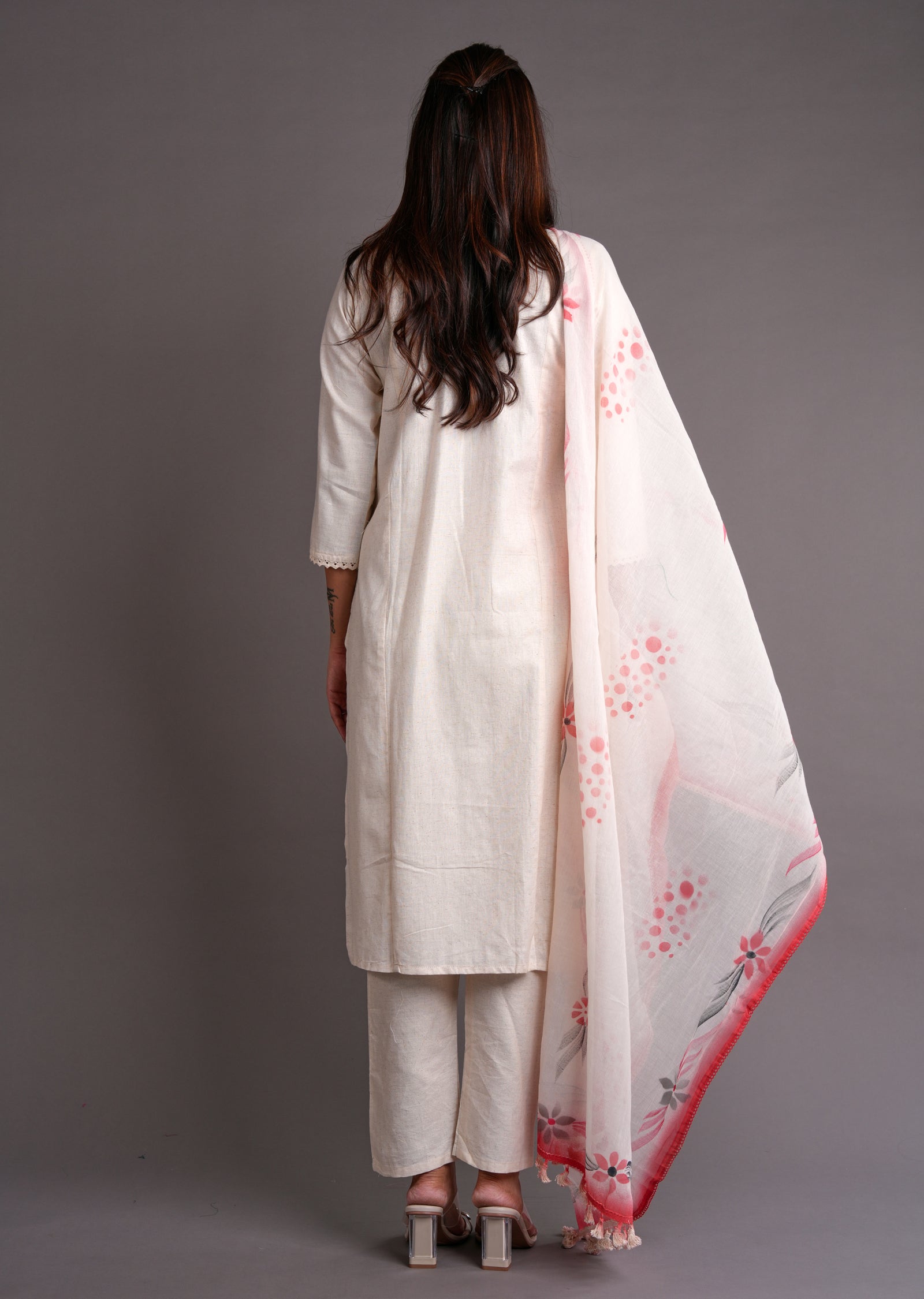 Off White & Coral Cotton Straight Cut Suit