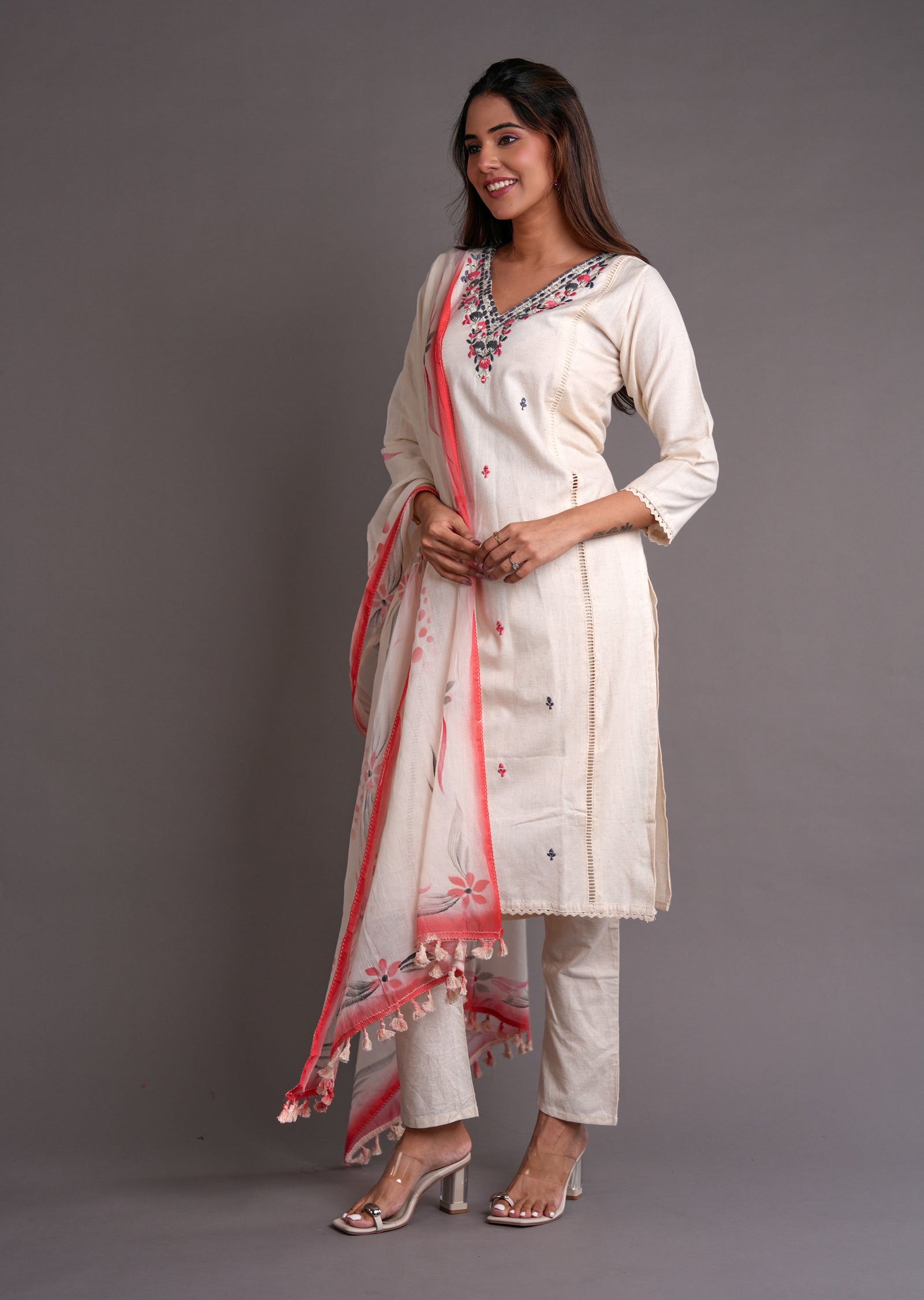 Off White & Coral Cotton Straight Cut Suit