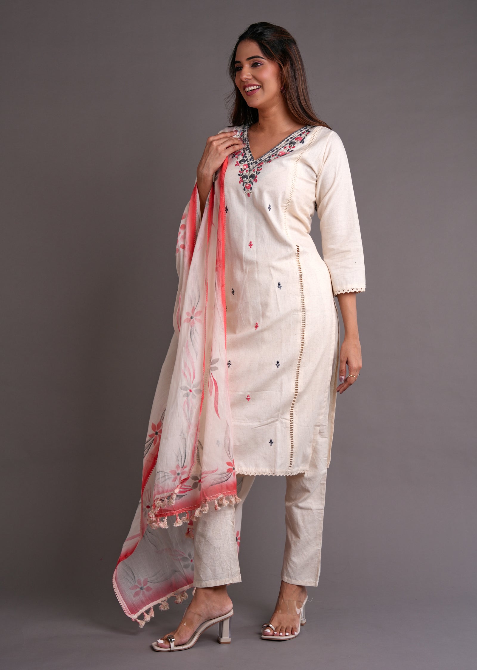Off White & Coral Cotton Straight Cut Suit