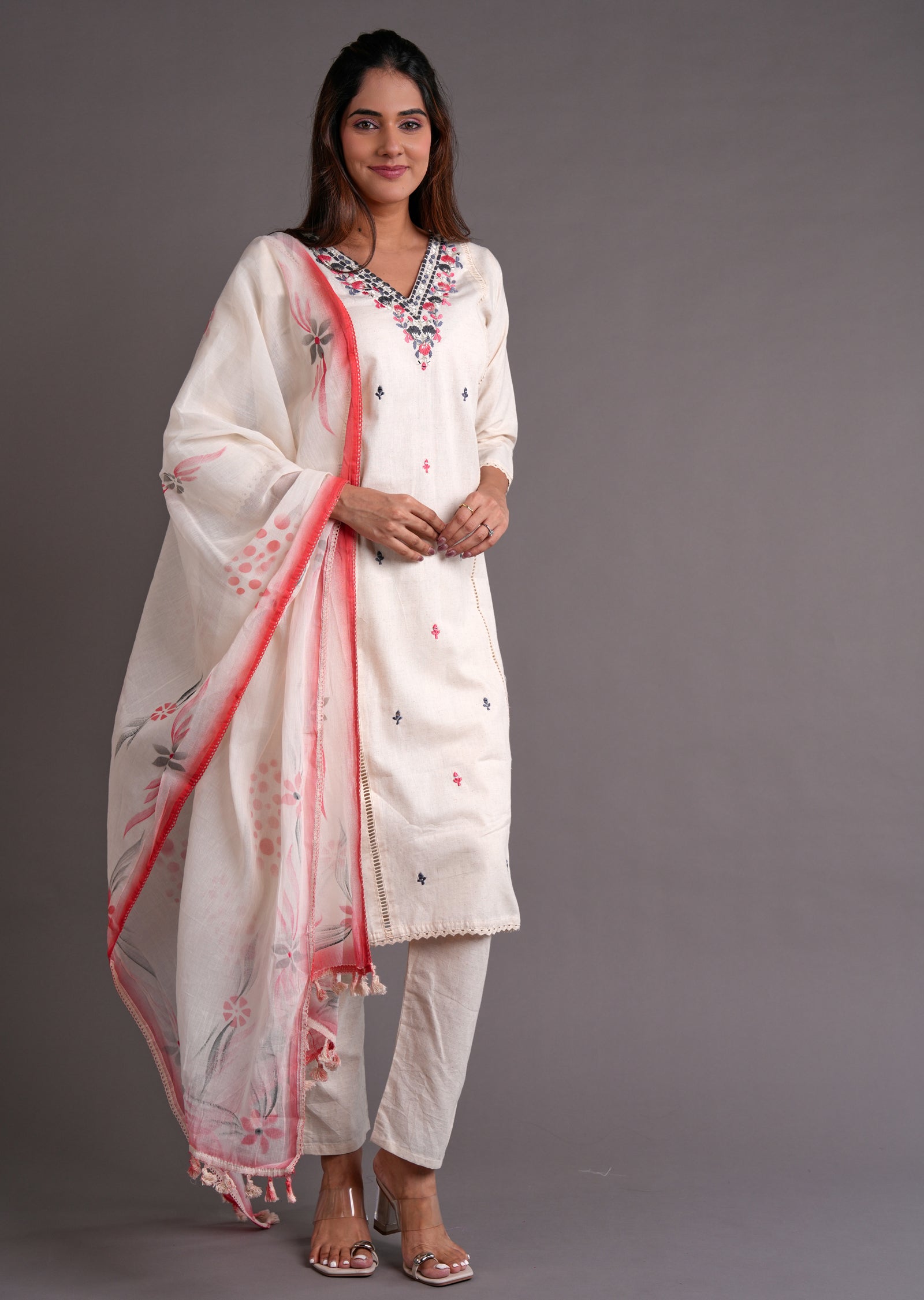 Off White & Coral Cotton Straight Cut Suit