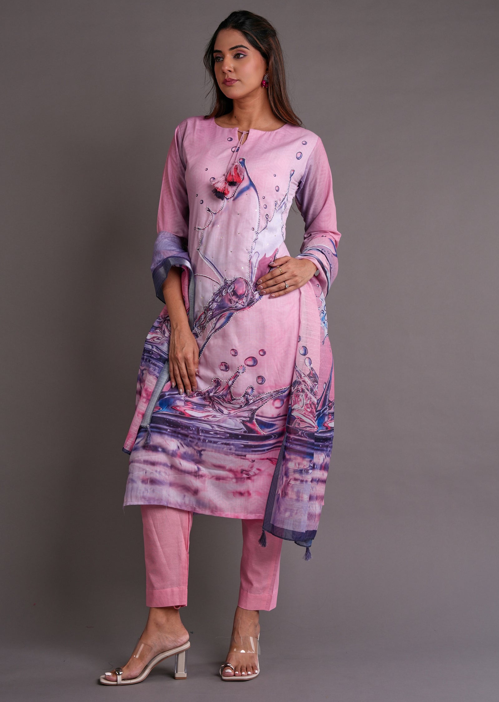 Pink Cotton Straight Cut Suit