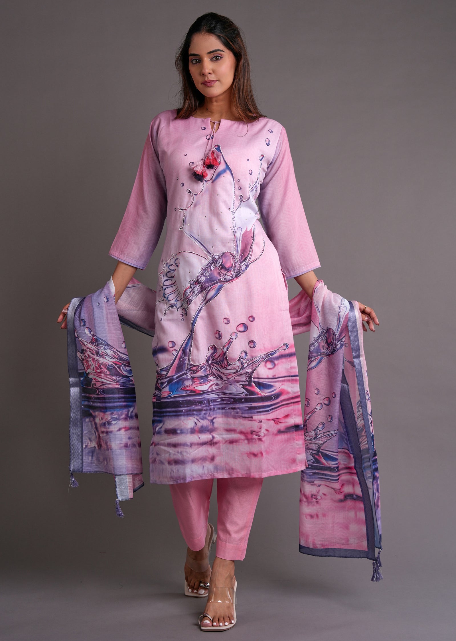 Pink Cotton Straight Cut Suit