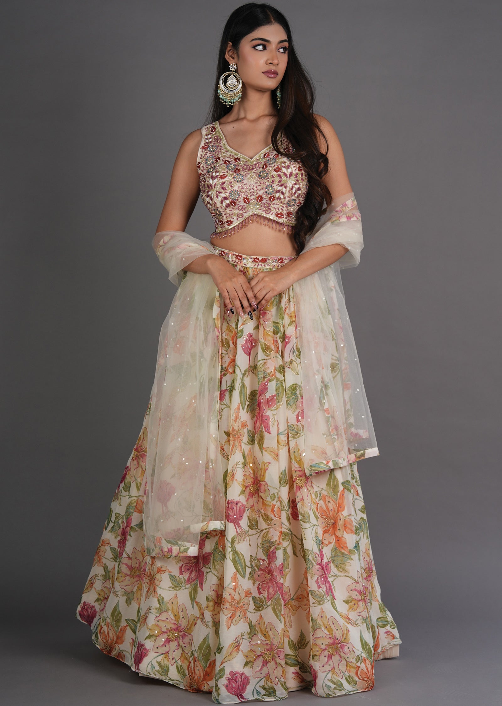 Cream Chinnon Lehenga