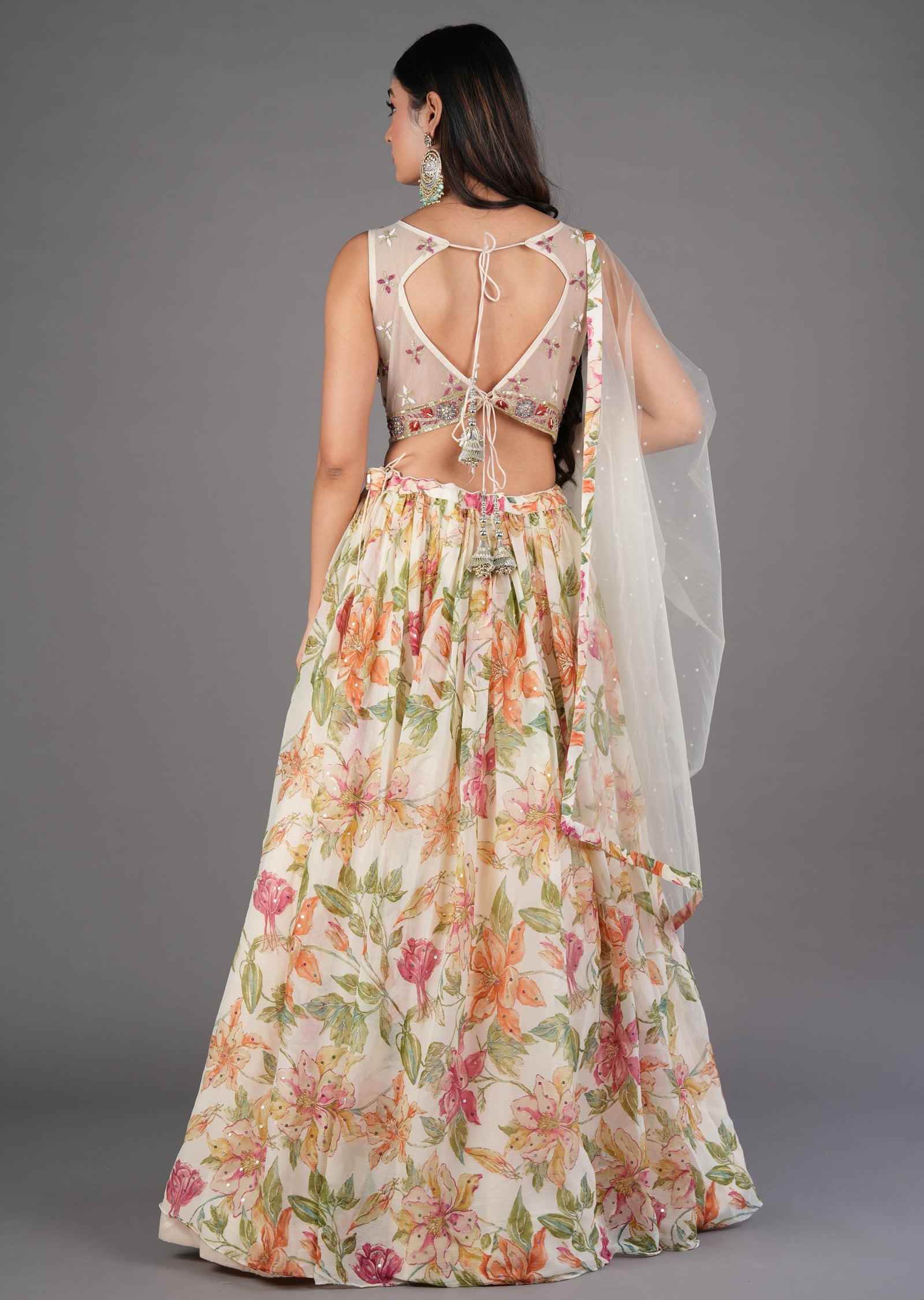 Cream Chinnon Lehenga
