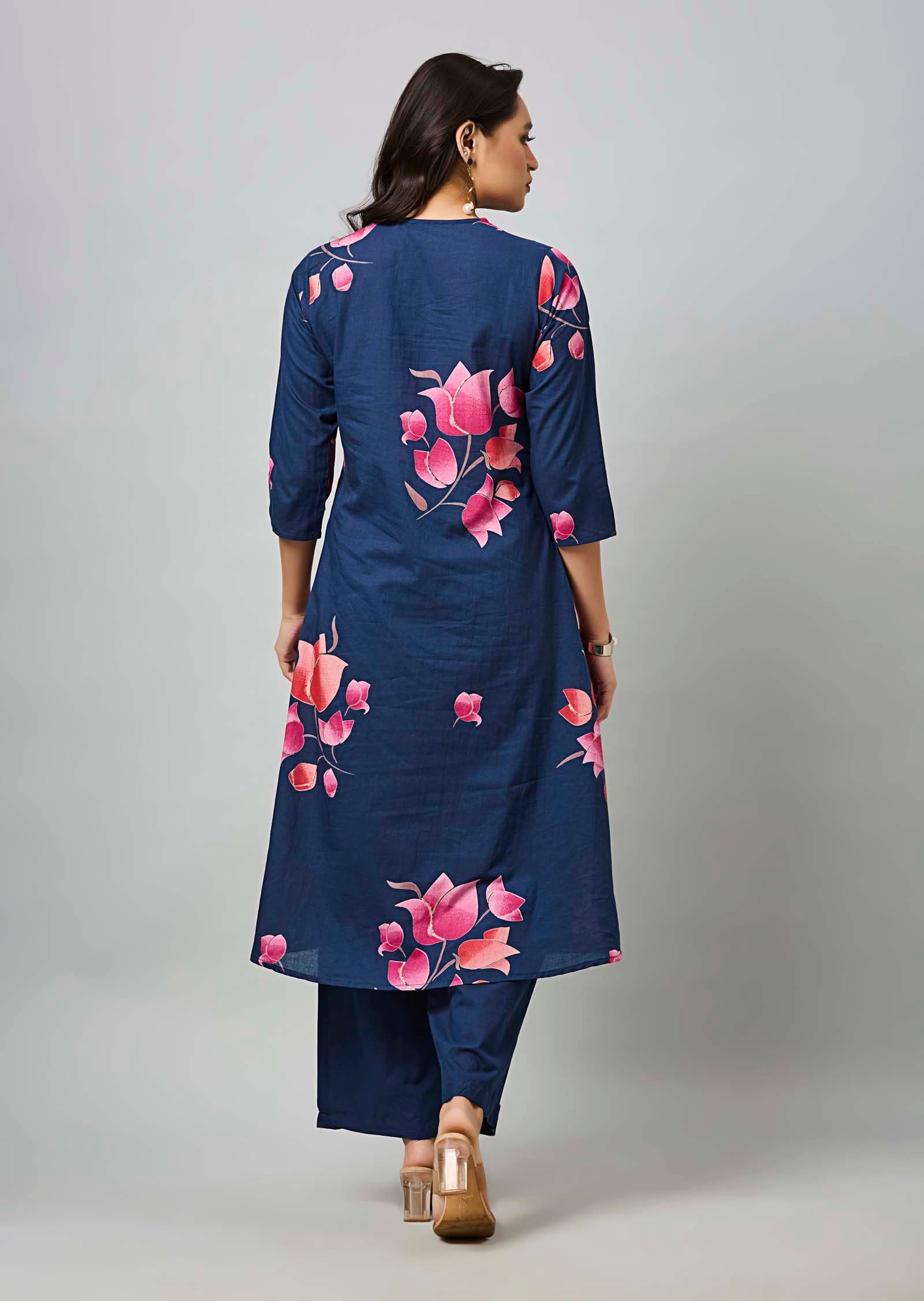 Navy Blue Cotton Straight Cut Kurti Set