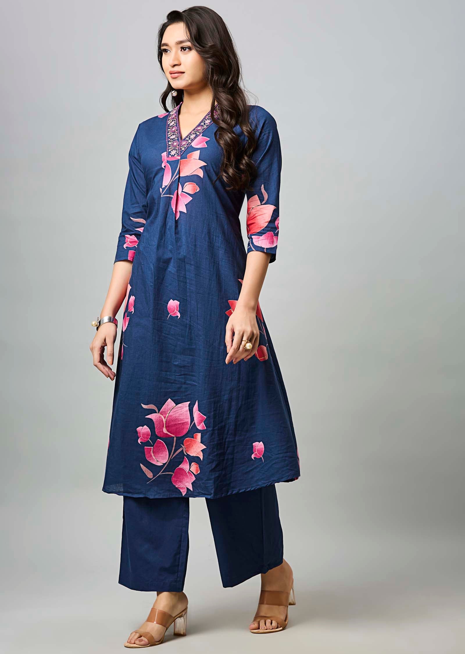 Navy Blue Cotton Straight Cut Kurti Set