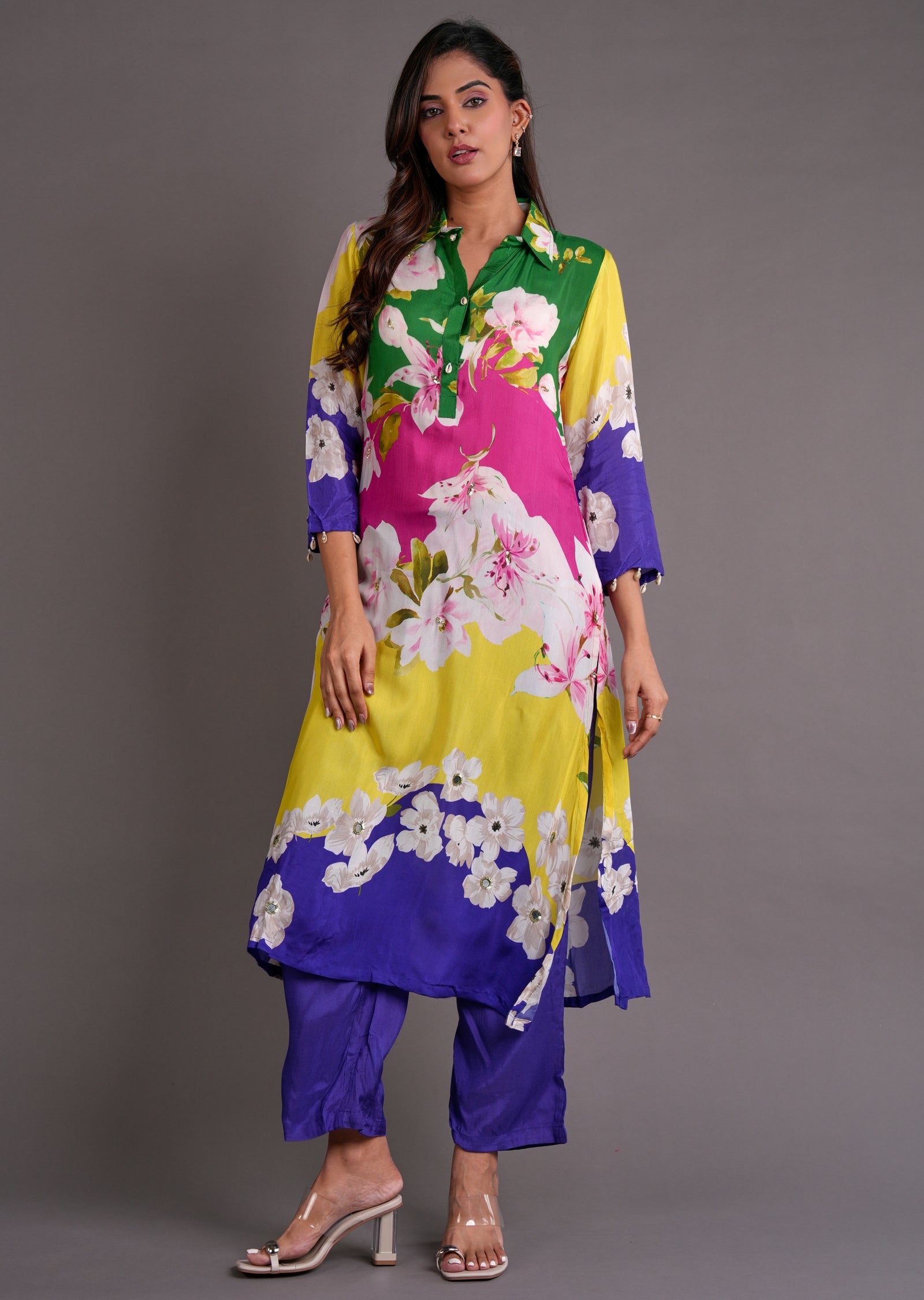 Multi Colour Muslin Straight Cut Kurti Set