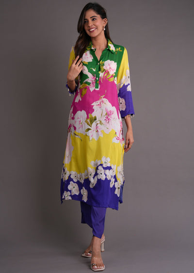 Multi Colour Muslin Straight Cut Kurti Set