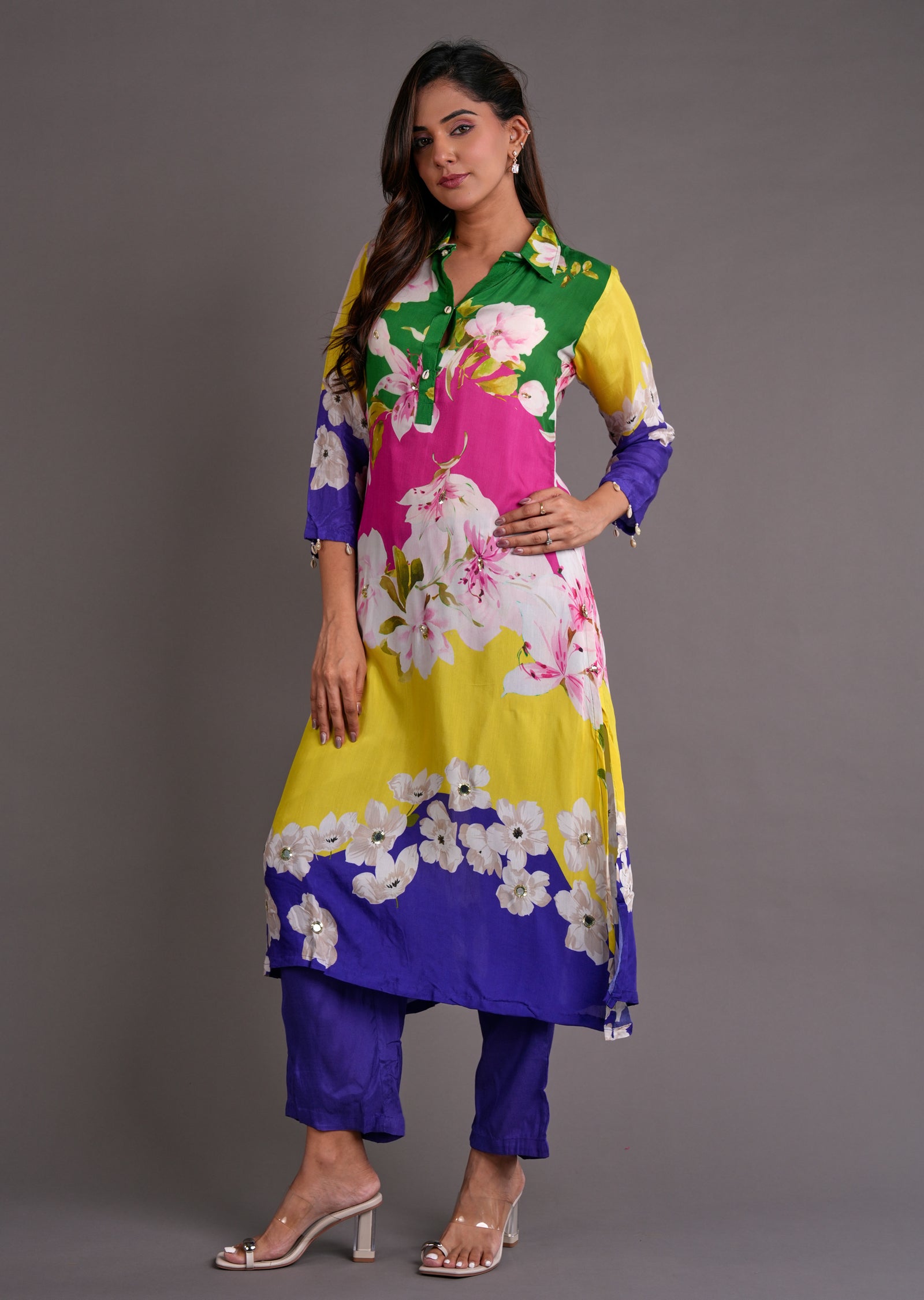 Multi Colour Muslin Straight Cut Kurti Set