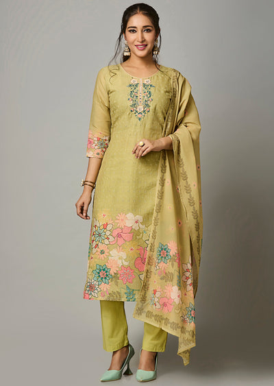 Mehendi Green Cotton Straight Cut Suit
