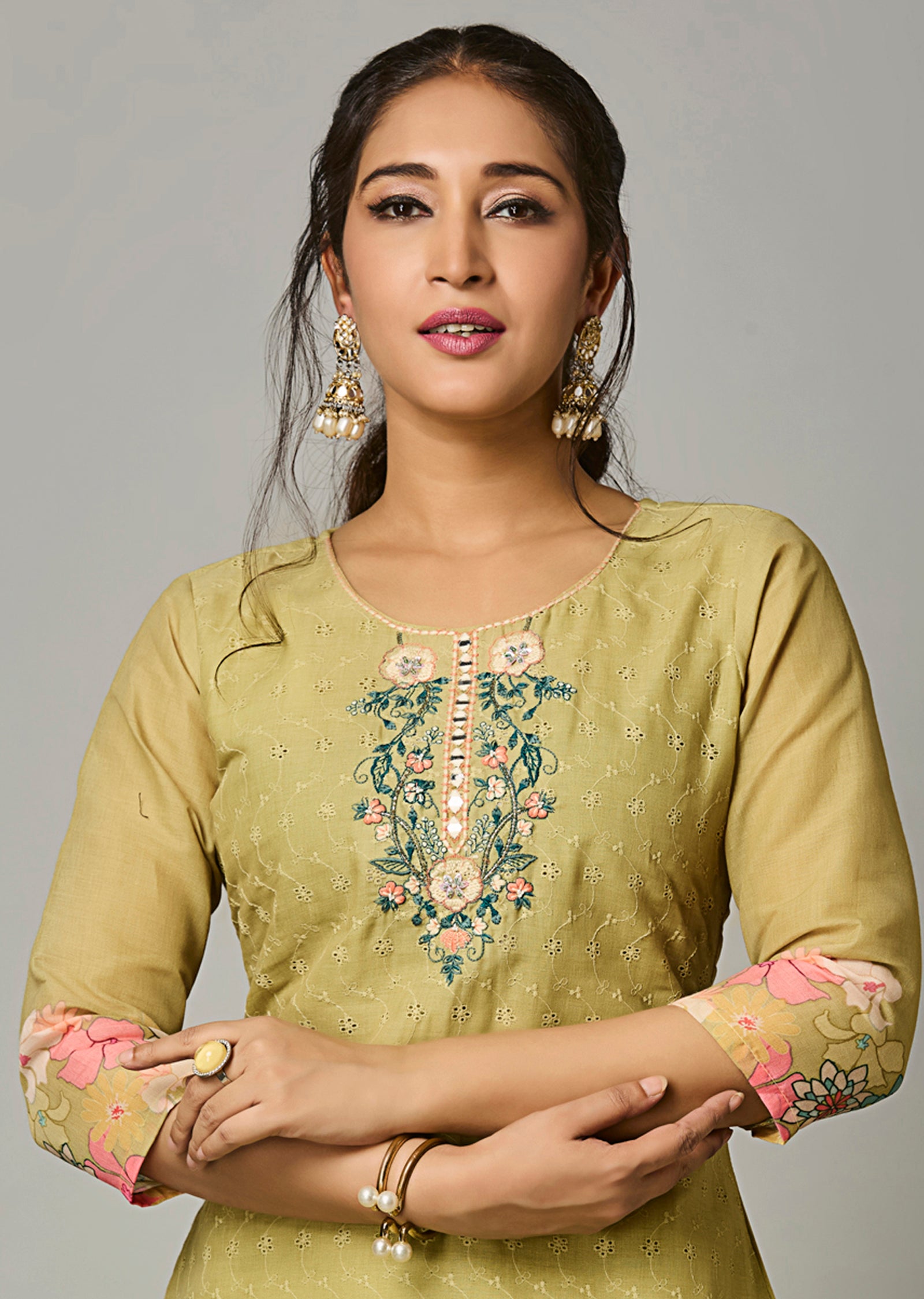 Mehendi Green Cotton Straight Cut Suit