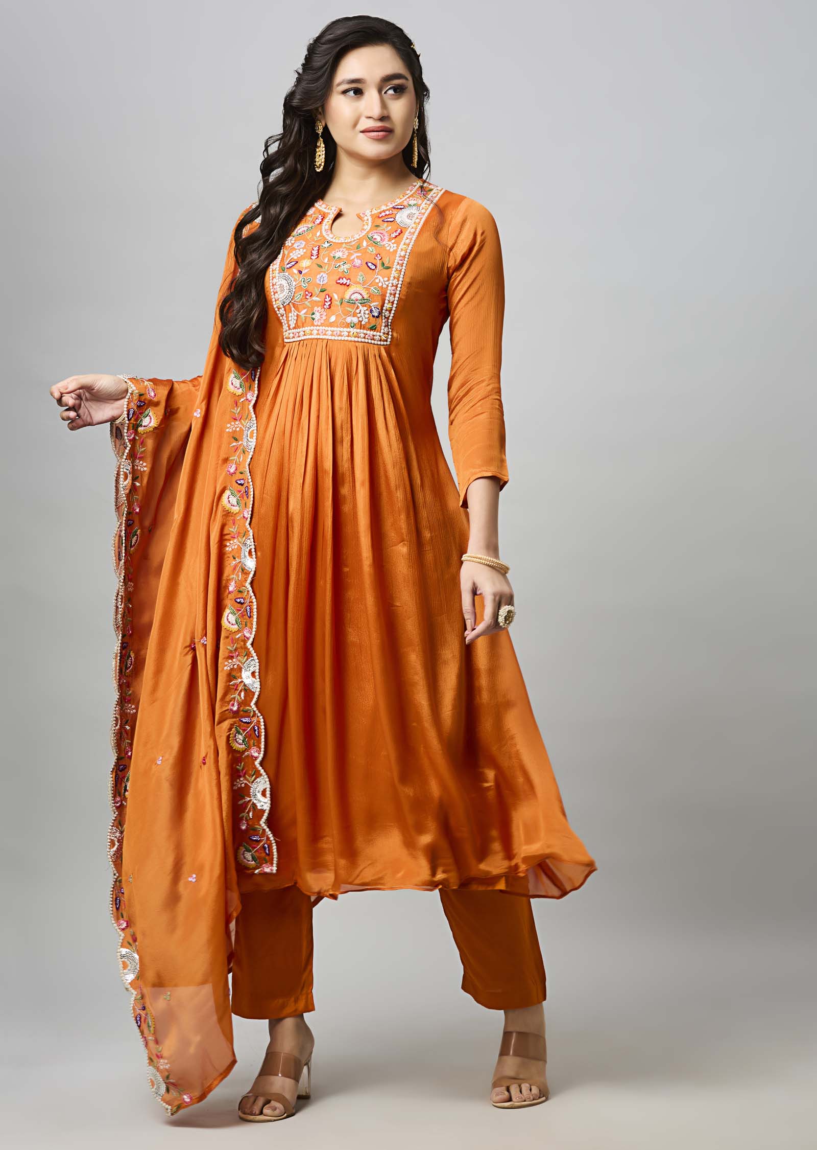 Orange Chinnon Anarkali Suit