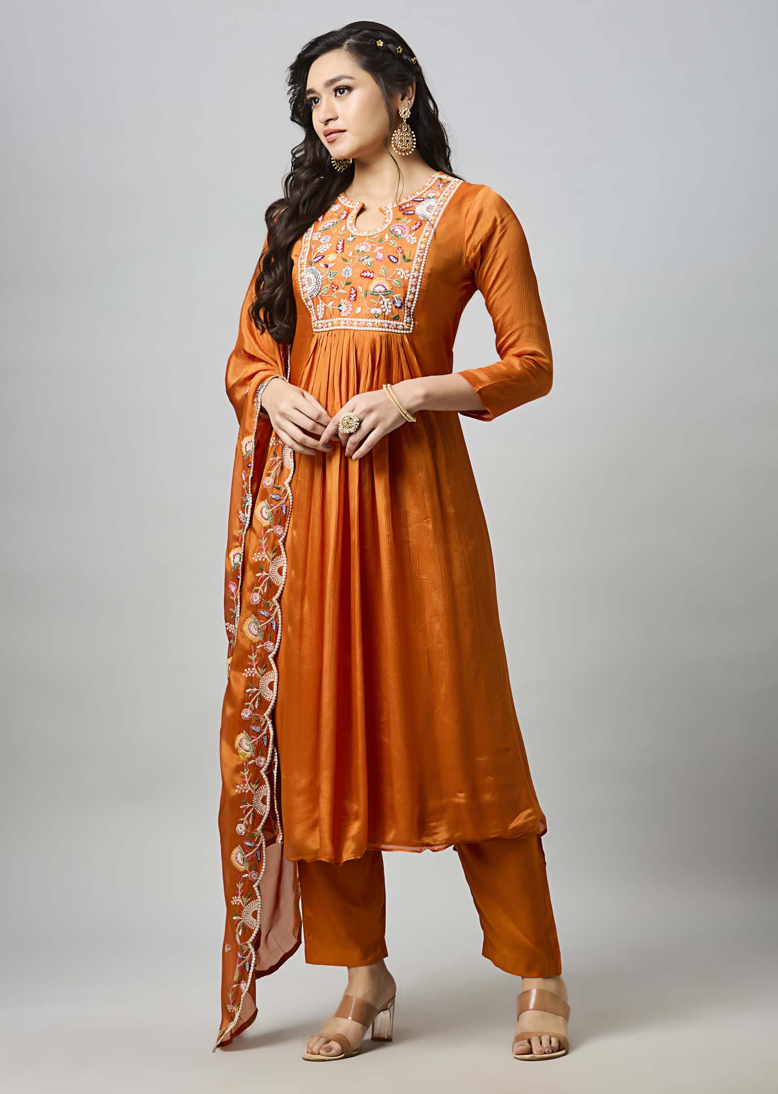 Orange Chinnon Anarkali Suit