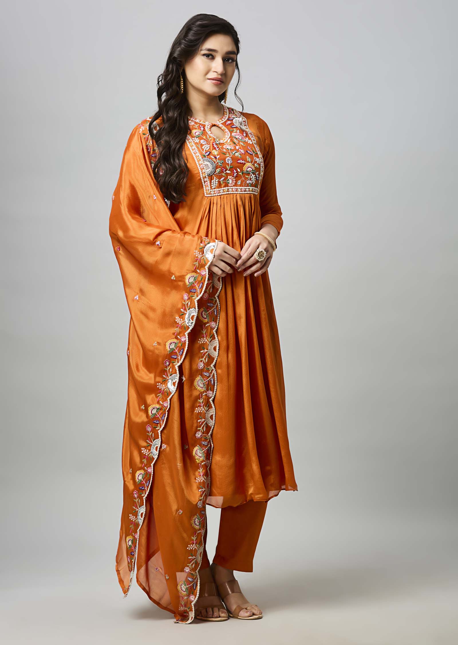 Orange Chinnon Anarkali Suit